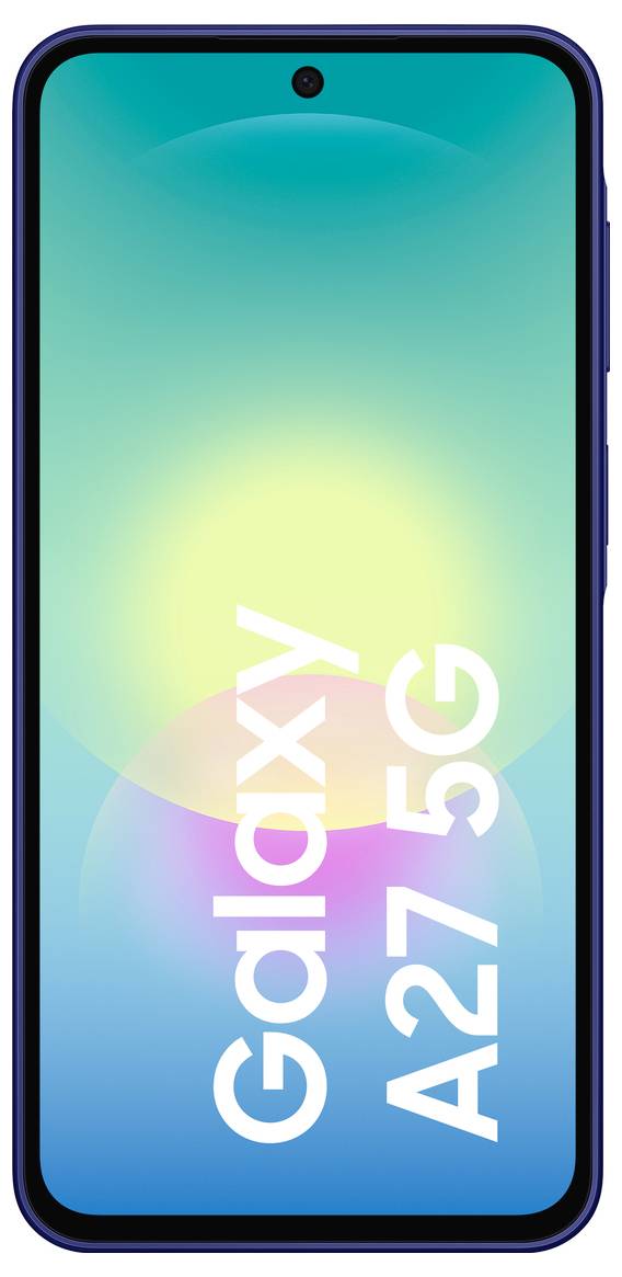 Vorderansicht eines Samsung Galaxy A27 5G Smartphones mit blauem Bildschirm, zentralem Selfie-Kamerablende und 