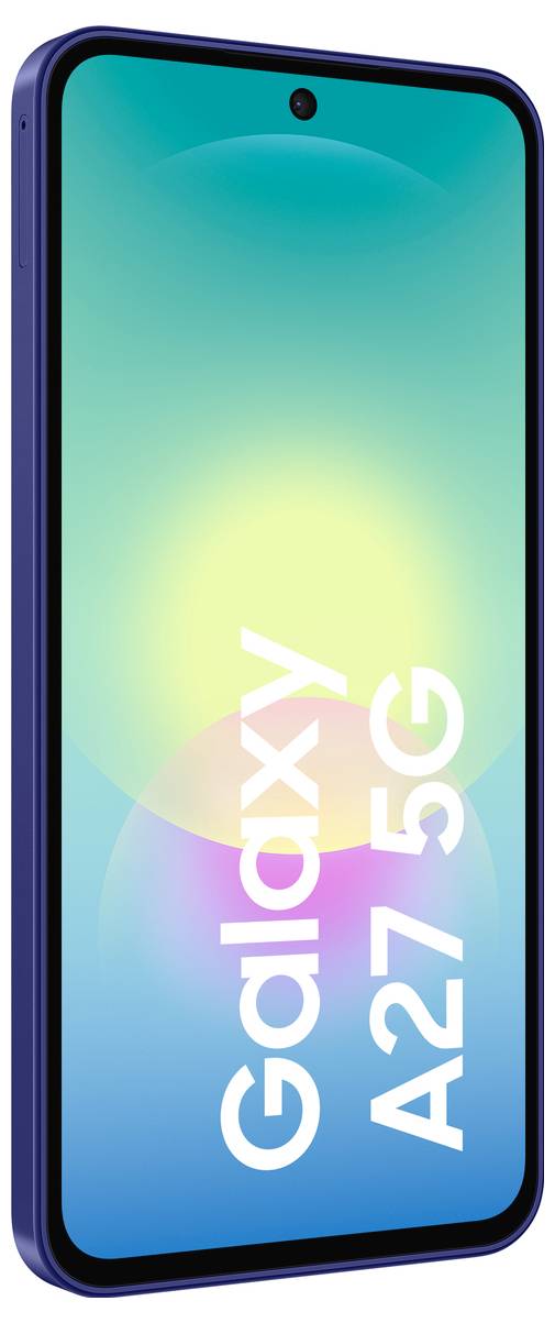 Ein Smartphone, das in einem Winkel mit blauem Rahmen und Punch-Hole-Kamera angezeigt wird und einen farbenfrohen Bildschirm mit dem Text „Galaxy A27 5G
