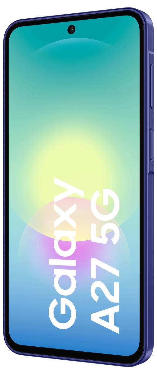 Vorderansicht eines blauen Galaxy A27 5G Smartphones mit einem Loch-Display, das einen Farbverlauf von Türkis zu Gelb zeigt und den Text 
