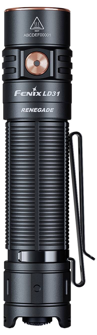 Schwarze Fenix LD31 Renegade Taschenlampe mit Kupferakzenten und Seitenclip, aufrecht auf weißem Hintergrund dargestellt.