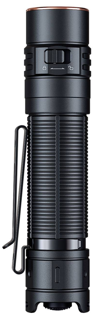 Schwarze zylindrische Taschenlampe mit Clip, Seitenschalter und Verriegelungs-/Entsperrungs-Markierungen am Gehäuse.