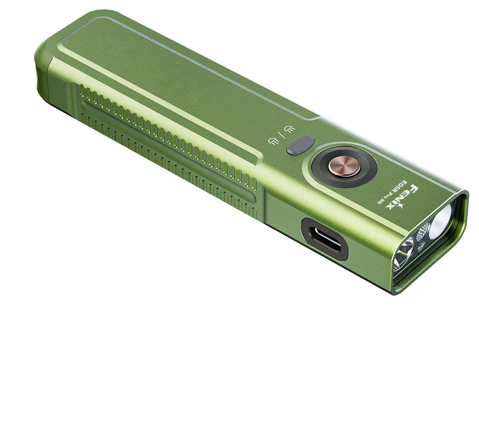 Grüne rechteckige Taschenlampe mit Seitenlüftungsschlitzen, Ein-/Ausschalter, USB-C-Ladeanschluss und frontal angebrachter LED-Linse, gezeigt auf weißem Hintergrund.