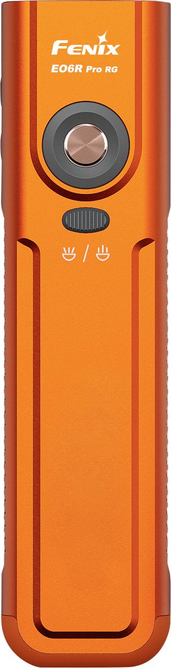 Orange Fenix E06R Pro RG Taschenlampe, Vorderansicht, zeigt den Markennamen, den zentralen Netzschalter und den gerippten Schalter in der Nähe des unteren Endes.