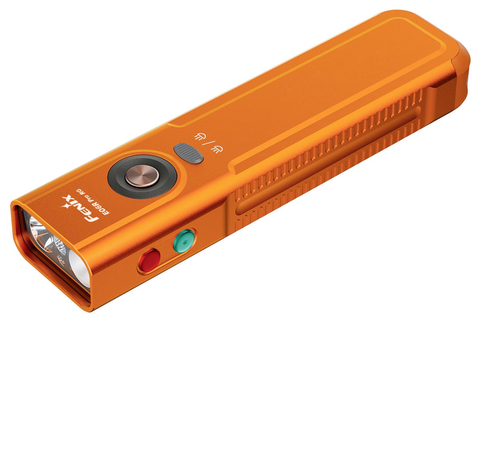 Orange tragbares C.A.T.4x Taschenlampengerät auf weißem Hintergrund, mit sichtbarem Objektiv, Betätigungsschalter und Seitenöffnungen.