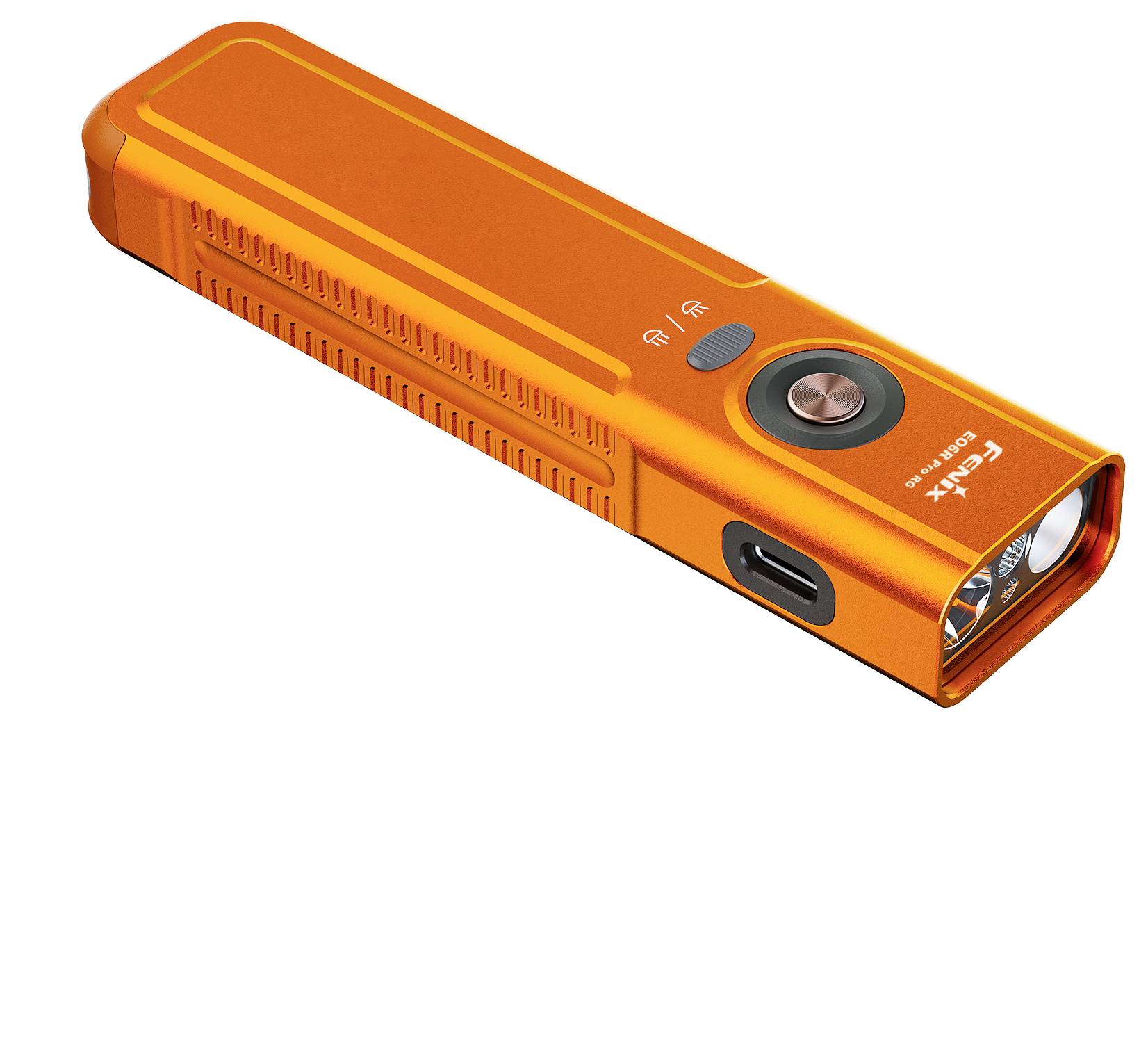 Orange tragbare wiederaufladbare LED-Taschenlampe mit seitlicher Stromschaltfläche und USB-C-Ladeanschluss, dargestellt auf weißem Hintergrund.