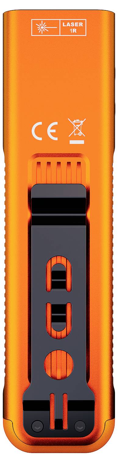 Orange-farbiges Gerät, Rückansicht mit schwarzem Befestigungsclip, CE-Kennzeichen, durchgestrichenes Mülleimersymbol und Laserwarnetikett oben.