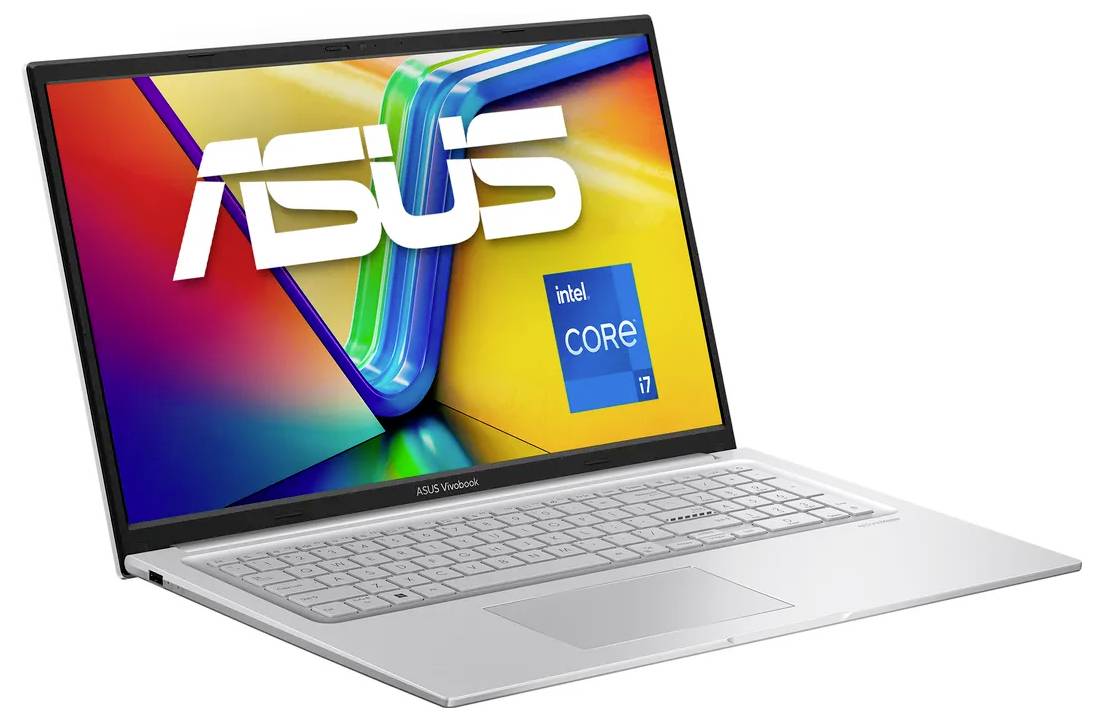 Silberner ASUS-Laptop, der im Winkel offen gezeigt wird, mit buntem ASUS-Hintergrundbild und Intel Core i7-Abzeichen auf dem Bildschirm.