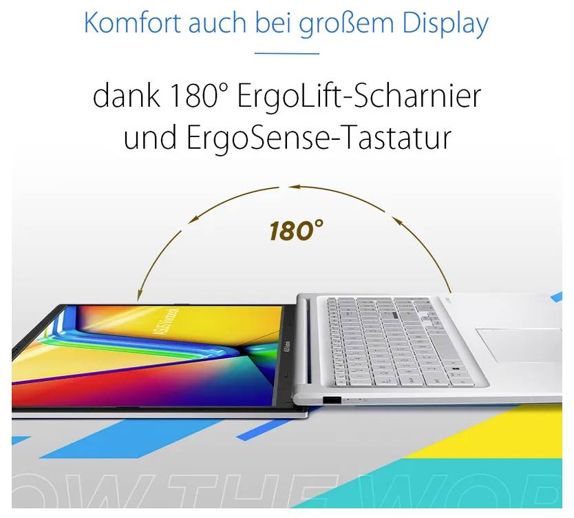 Laptop auf 180 Grad flach geöffnet, mit Hervorhebung des „ErgoLift"-Scharniers und der „ErgoSense"-Tastatur für Komfort mit großem Display.