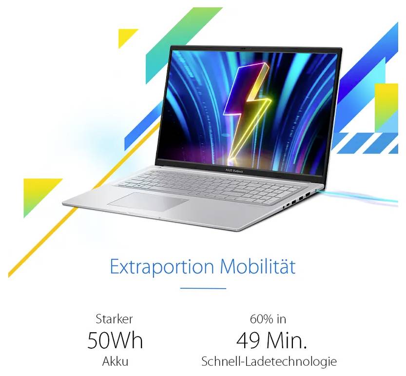 Laptop-Werbung, die Mobilität und schnelles Aufladen hervorhebt, mit der Anzeige „50Wh Akku" und „60% in 49 Min. Schnell-Ladetechnologie".