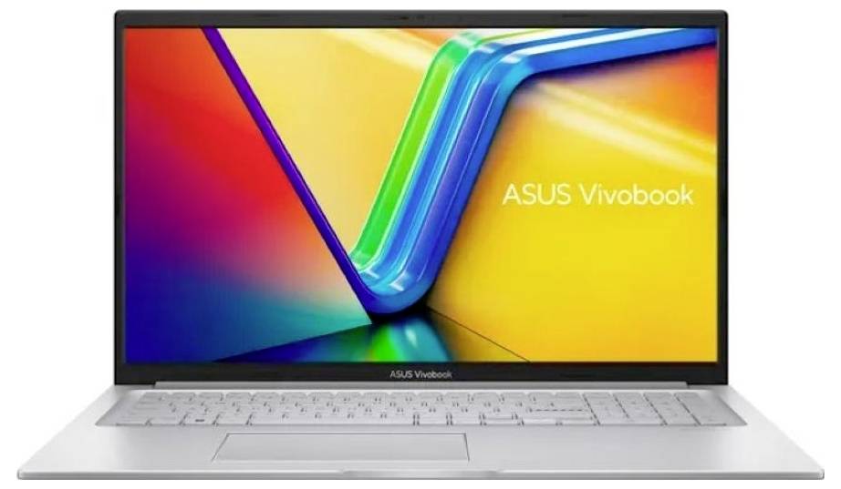 Silberner ASUS Vivobook Laptop offen auf einem farbenfrohen Gradientenschirm mit angezeigtem Text „ASUS Vivobook