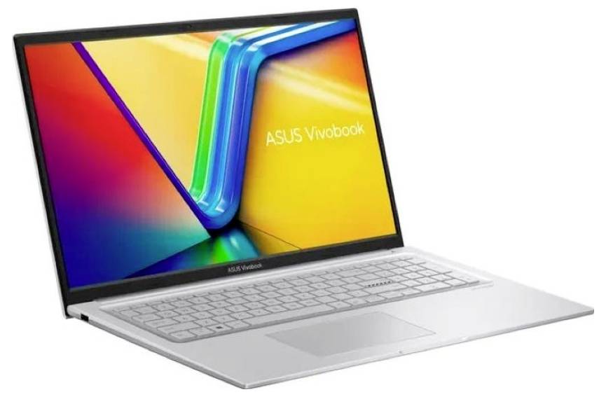 Silberner ASUS Vivobook Laptop in einem Winkel geöffnet, zeigt ein farbenfrohes abstraktes Display mit dem Logo "ASUS Vivobook".
