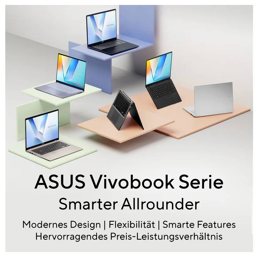 Werbebild von ASUS Vivobook Laptops in mehreren Farben und Winkeln mit dem Text „ASUS Vivobook Serie" und „Intelligenter Allrounder".