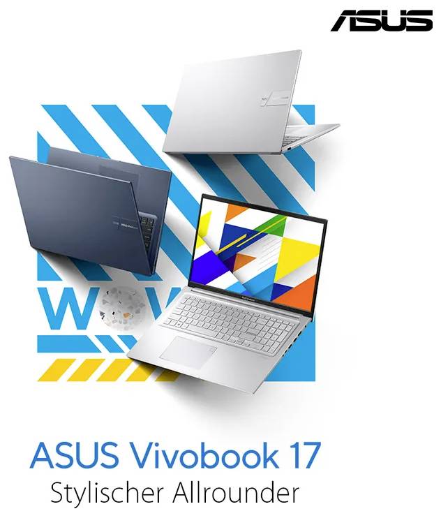 ASUS Vivobook 17 Laptop-Anzeige mit drei aufgeklappten Laptops in Silber und Dunkelblau, mit dem Text "ASUS Vivobook 17" und "Stylischer Allrounder".