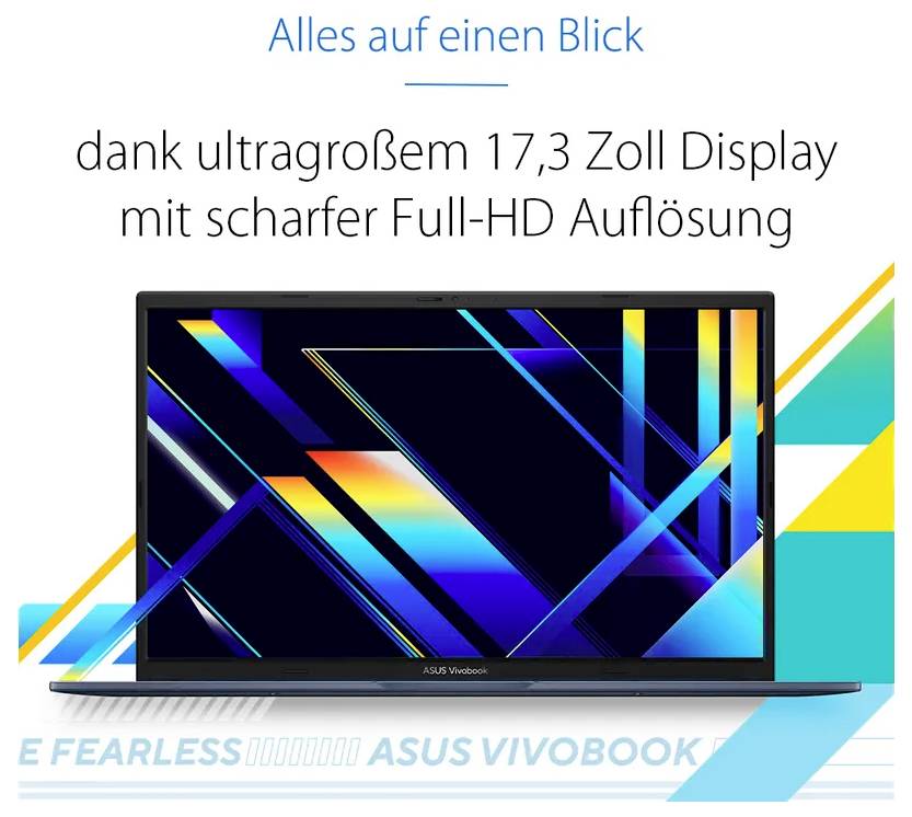 Werbebild eines ASUS VivoBook Laptops mit 17,3-Zoll-Full-HD-Display, mit deutschem Text „Alles auf einen Blick" und „dank ultragroßem 17,3 Zoll Display mit scharfer Full-HD Auflösung".
