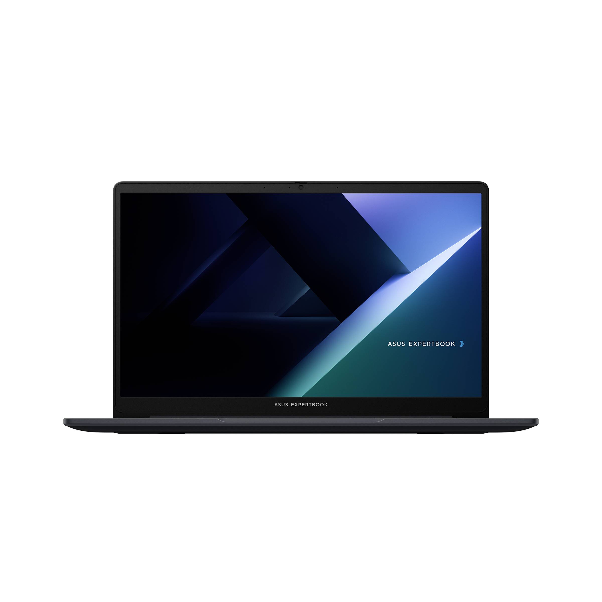 Offener Laptop, der einen ASUS ExpertBook-Markenbildschirm mit dunkelbauem geometrischem Hintergrund anzeigt.