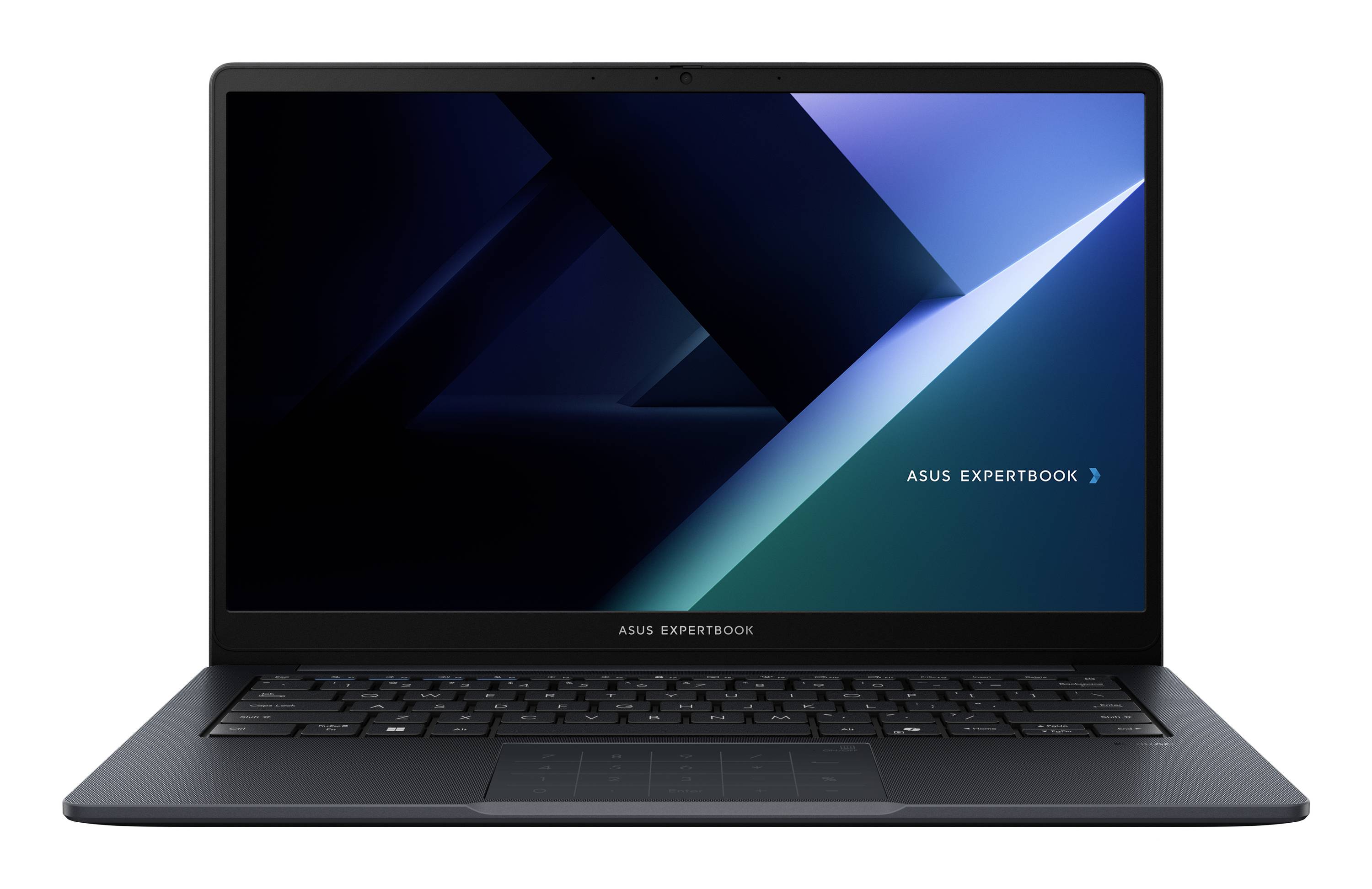ASUS ExpertBook Laptop in Vorderansicht mit dunkelblauem abstraktem Hintergrundbild und 