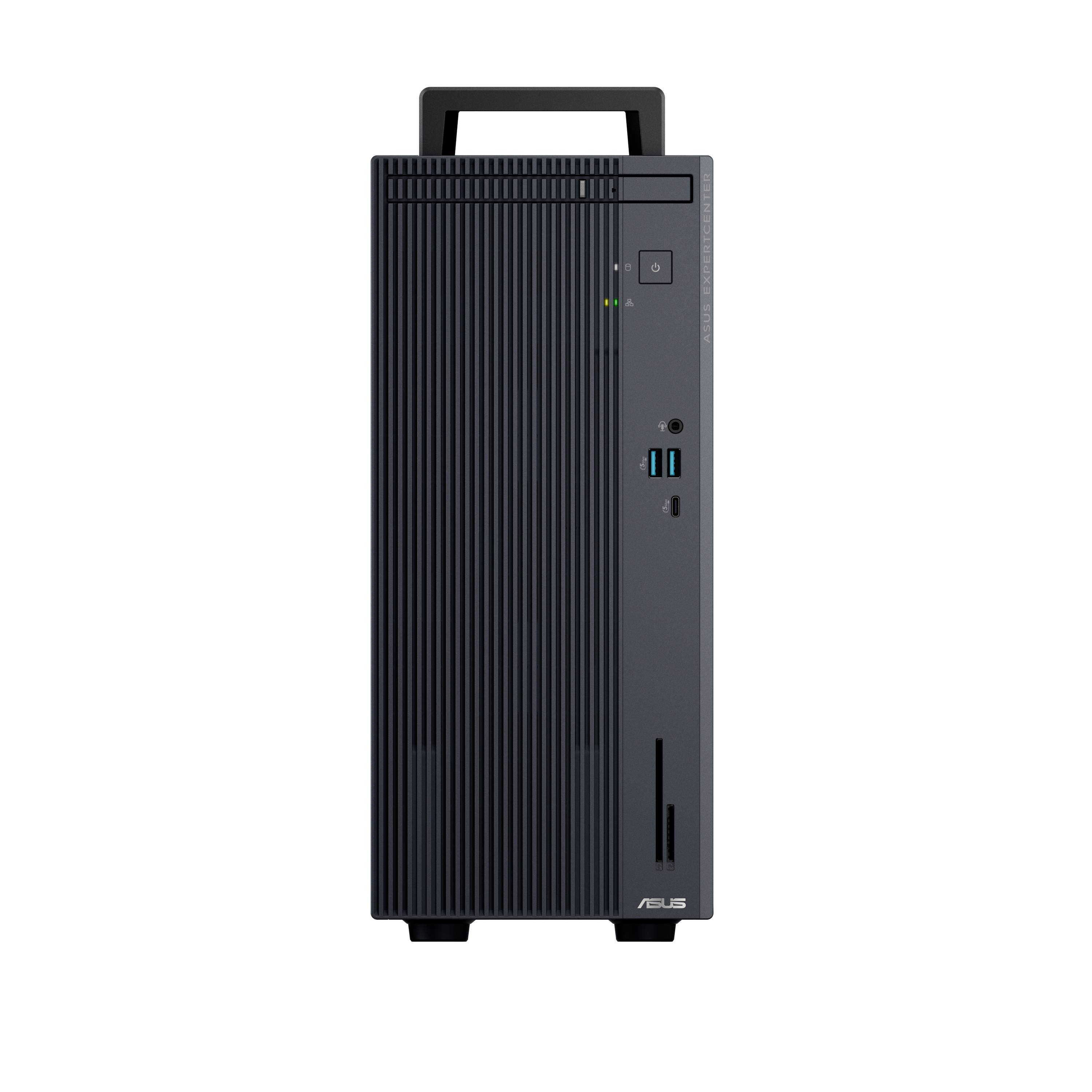 Schwarzer ASUS-Desktop-Tower-PC mit Griff, vorderer Einschaltfläche, USB-Anschlüssen, Audiobuchse und vertikalem Kühlgitter auf weißem Hintergrund