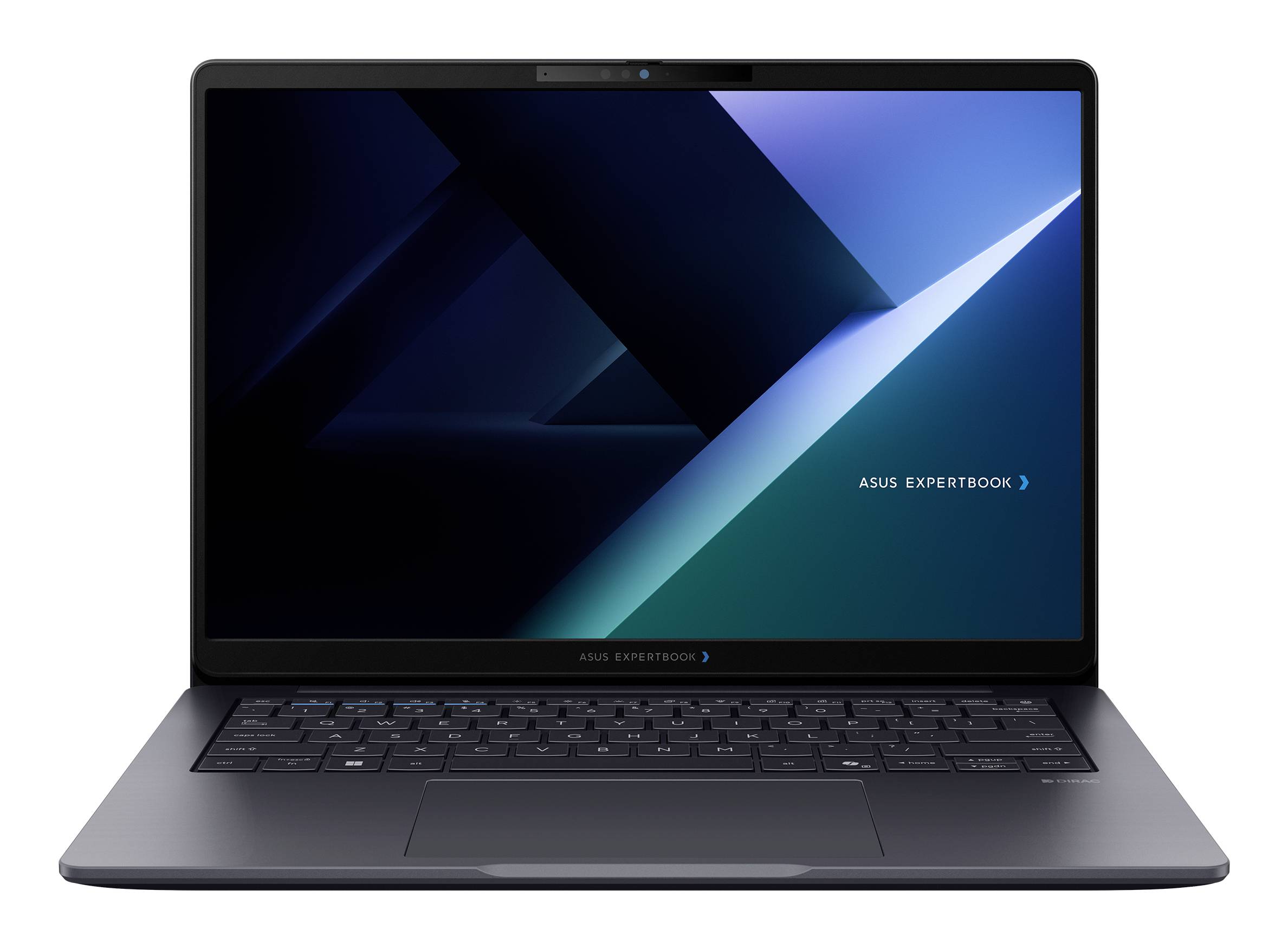 Zugeklappter ASUS ExpertBook-Laptop von vorne gezeigt mit dunkelblauem geometrischem Hintergrundbild und Text „ASUS EXPERTBOOK