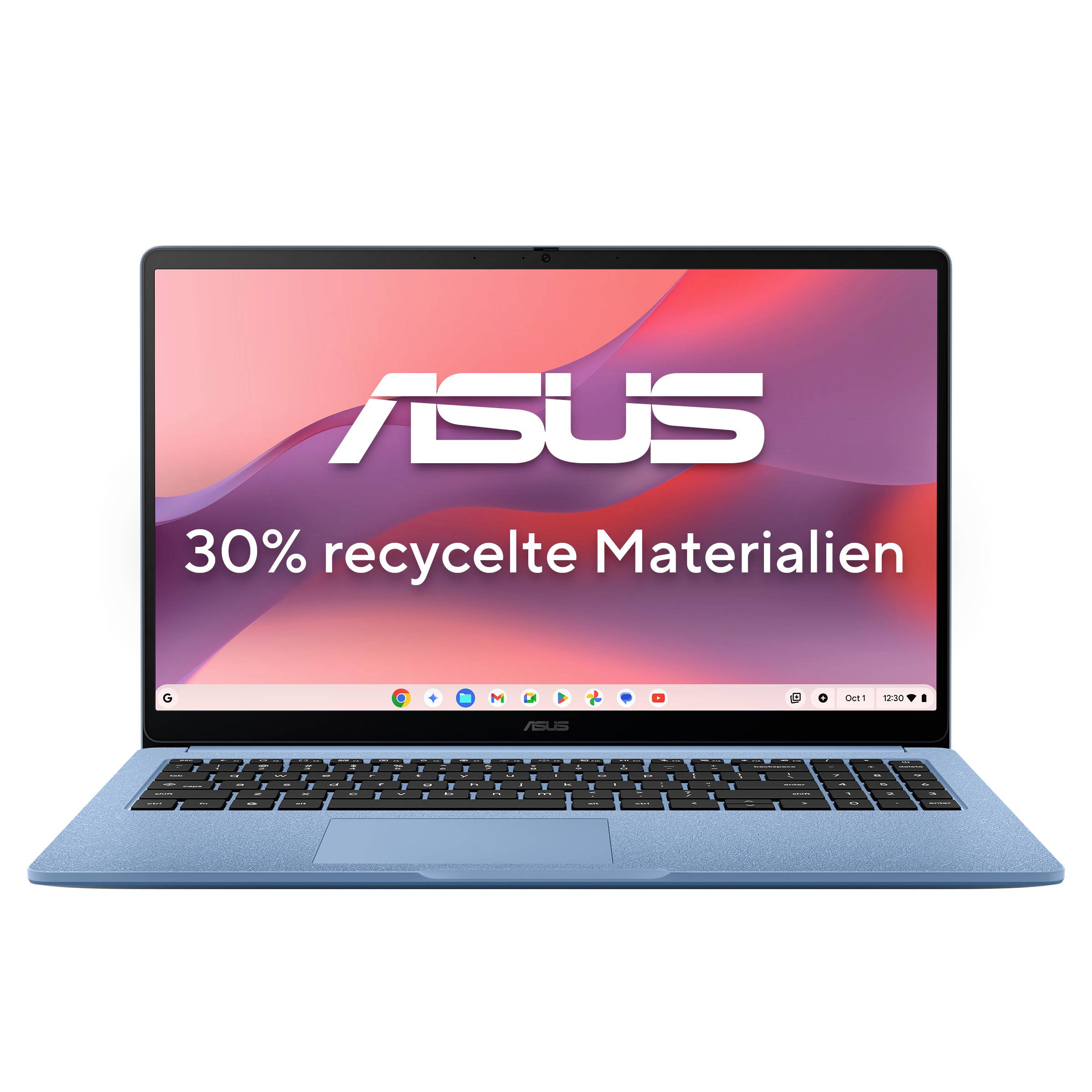 Blauer ASUS-Laptop auf weißem Hintergrund, Bildschirm zeigt „ASUS