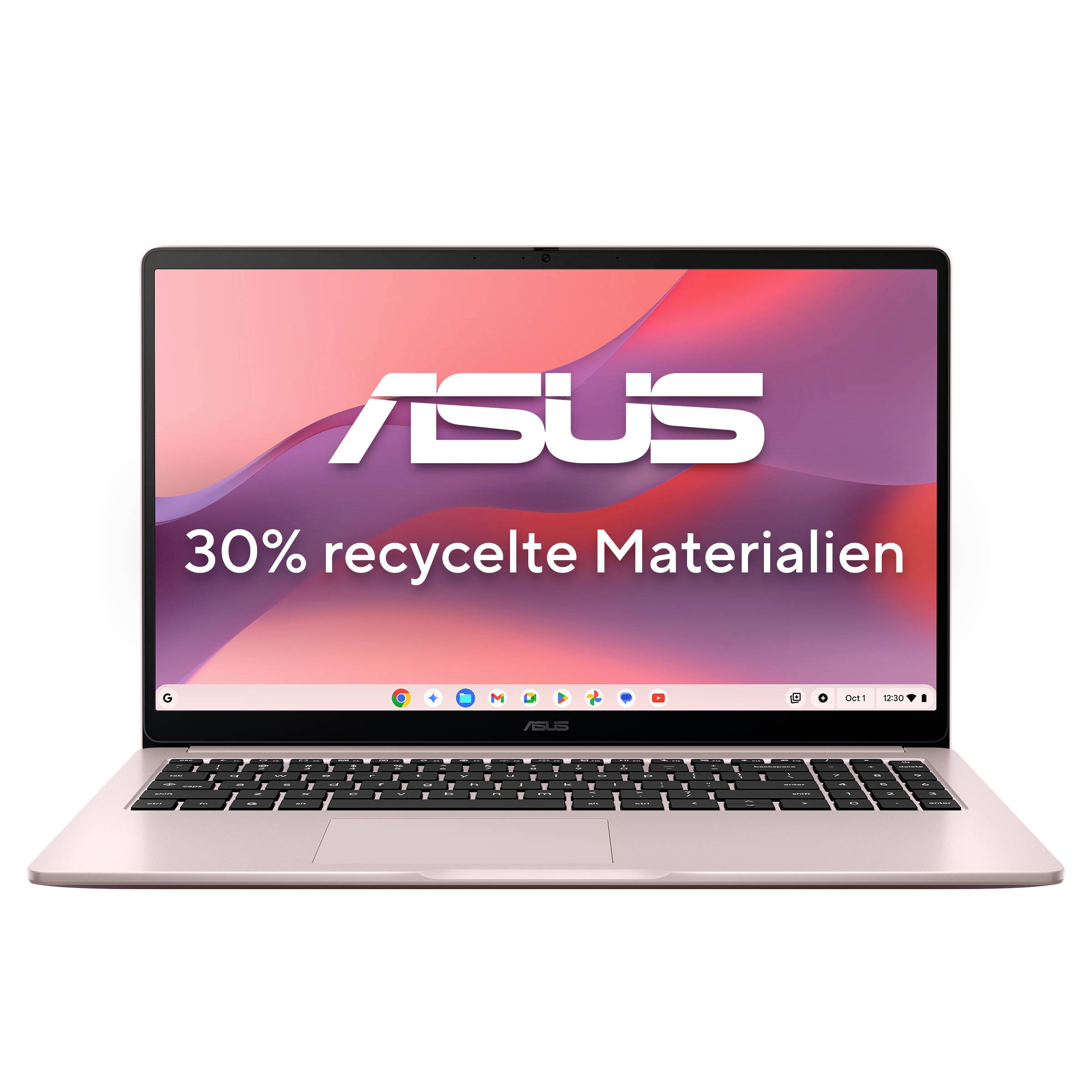 ASUS-Laptop mit Bildschirmtext „30% recycelte Materialien