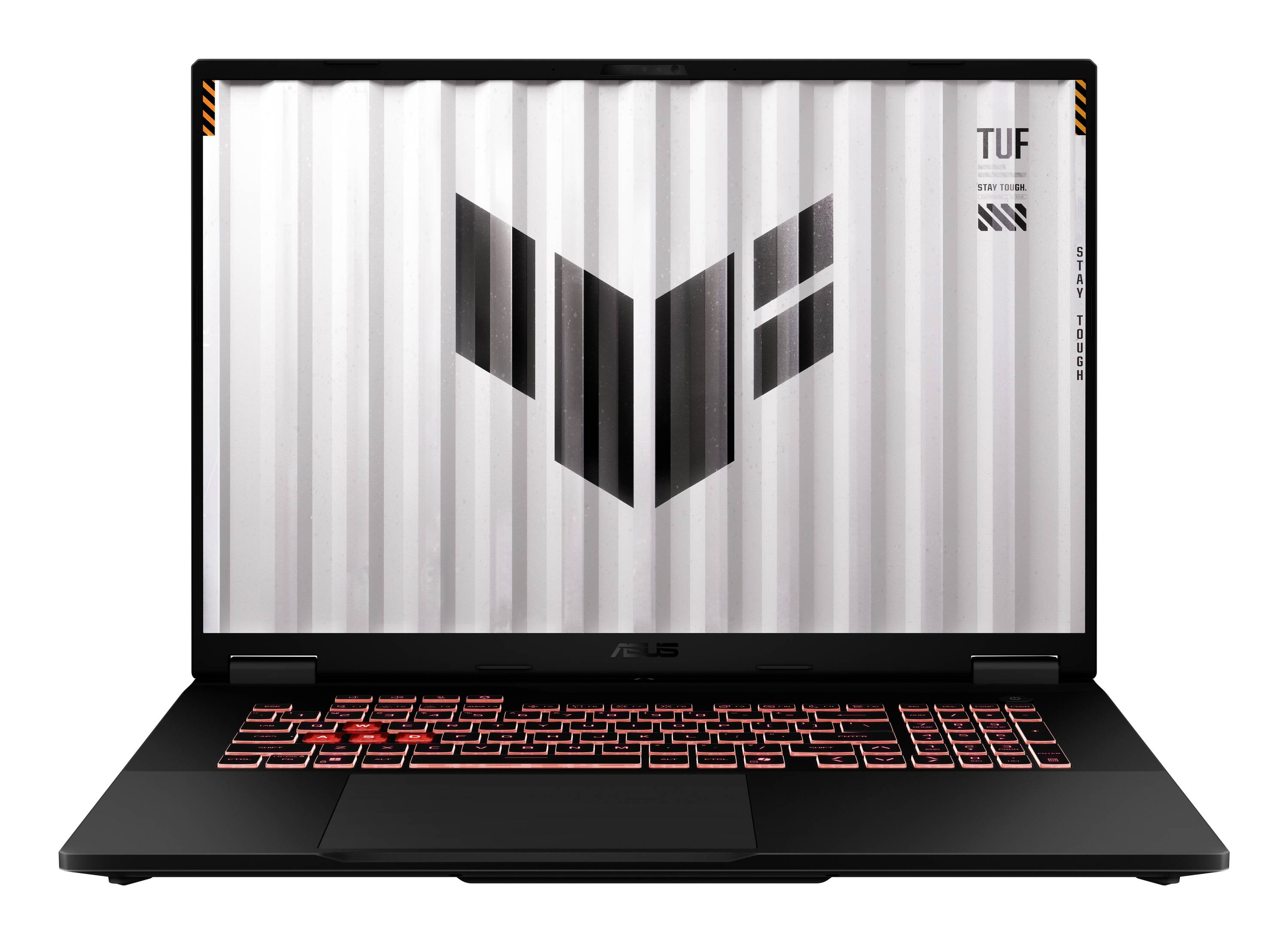 Schwarzer ASUS TUF Gaming-Laptop auf weißem Hintergrund offen, das TUF-Logo auf dem Bildschirm und rot beleuchtete Tastatur angezeigt.