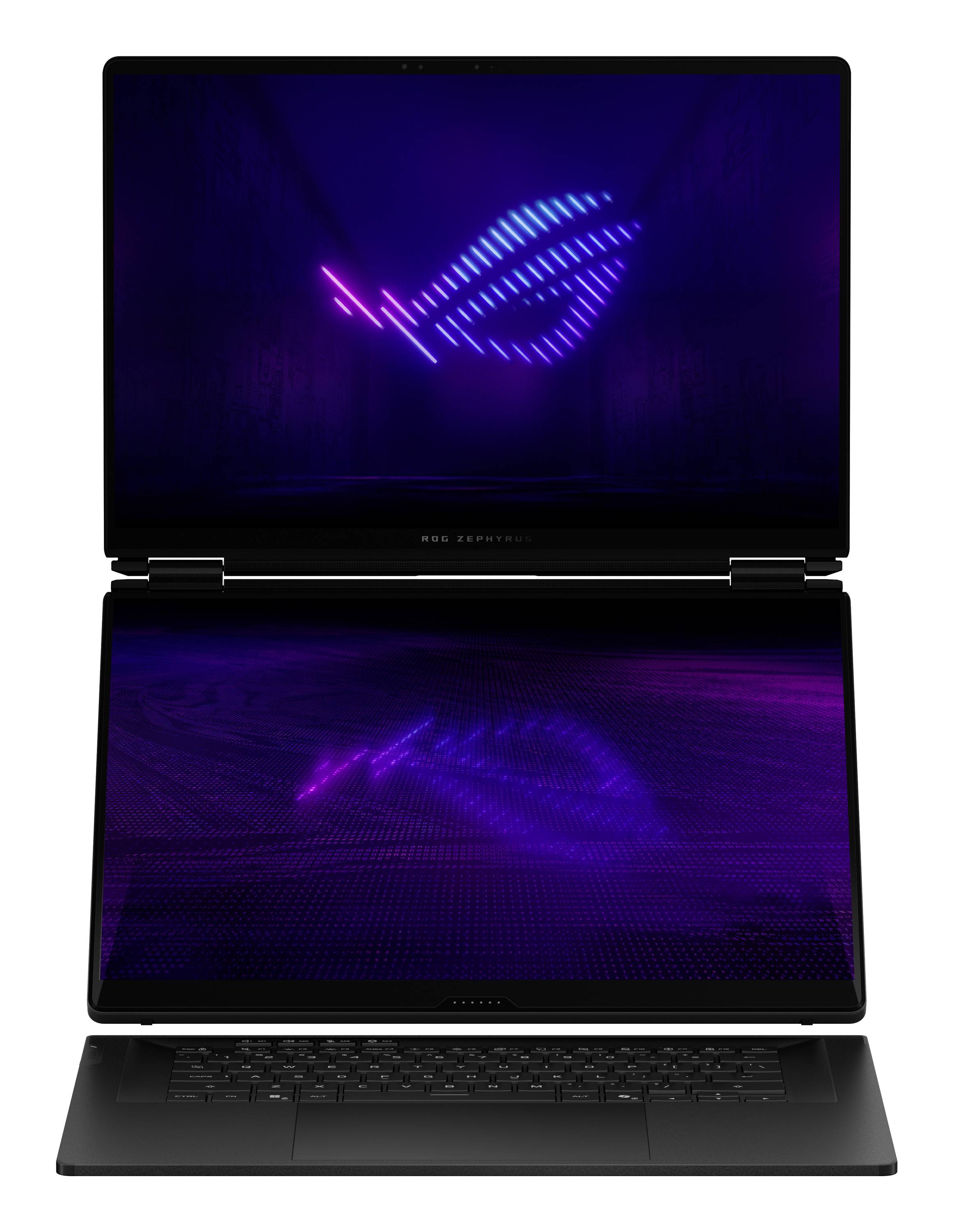 Offener Laptop mit zwei Bildschirmen, die ein leuchtendes blau-violettes ROG-ähnliches Logo auf dunklen Displays zeigen.