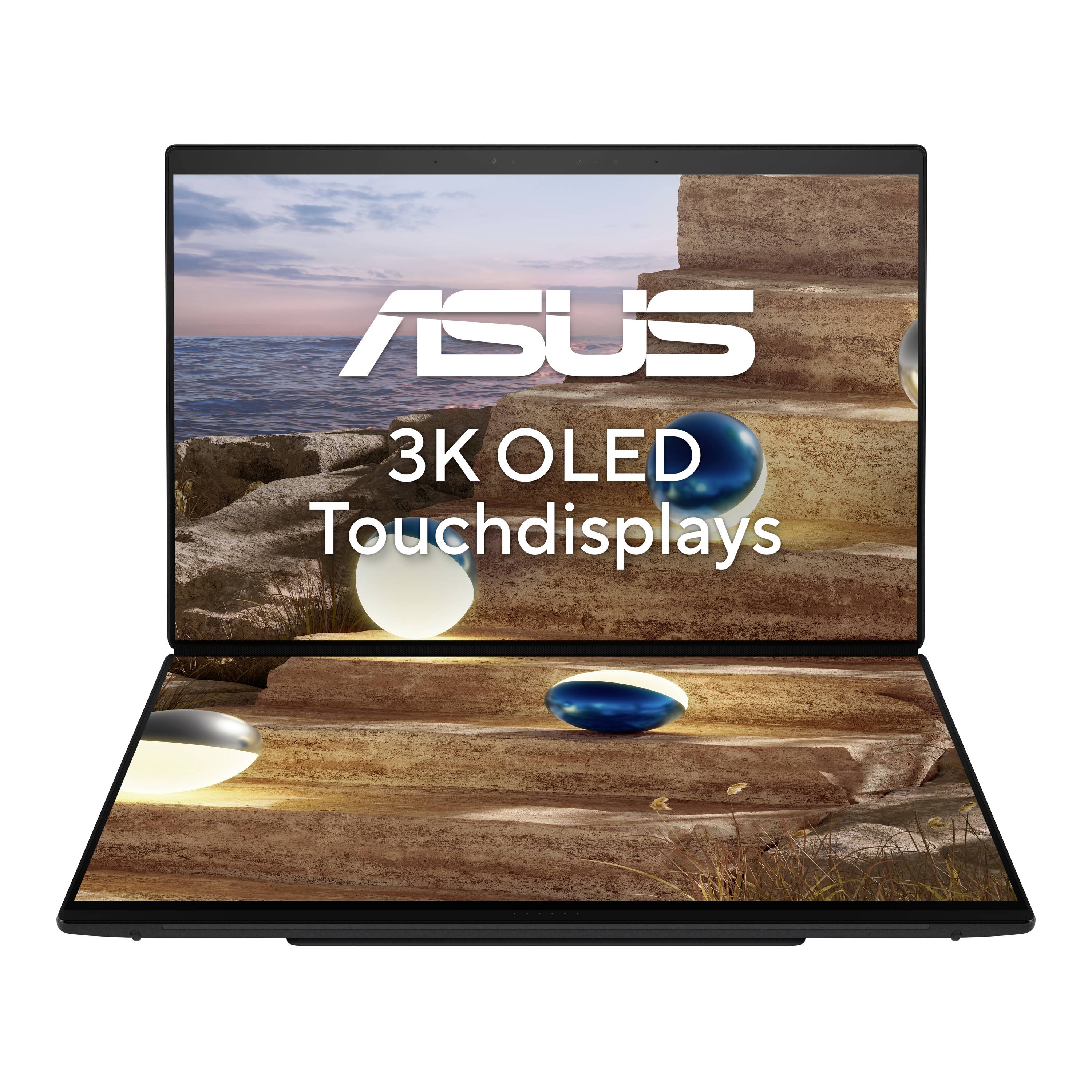 ASUS Laptop mit Doppelbildschirm und 3K-OLED-Touchdisplays, aufgeklappt gezeigt, mit einem Landschaftsbild und dem Text „3K-OLED-Touchdisplays