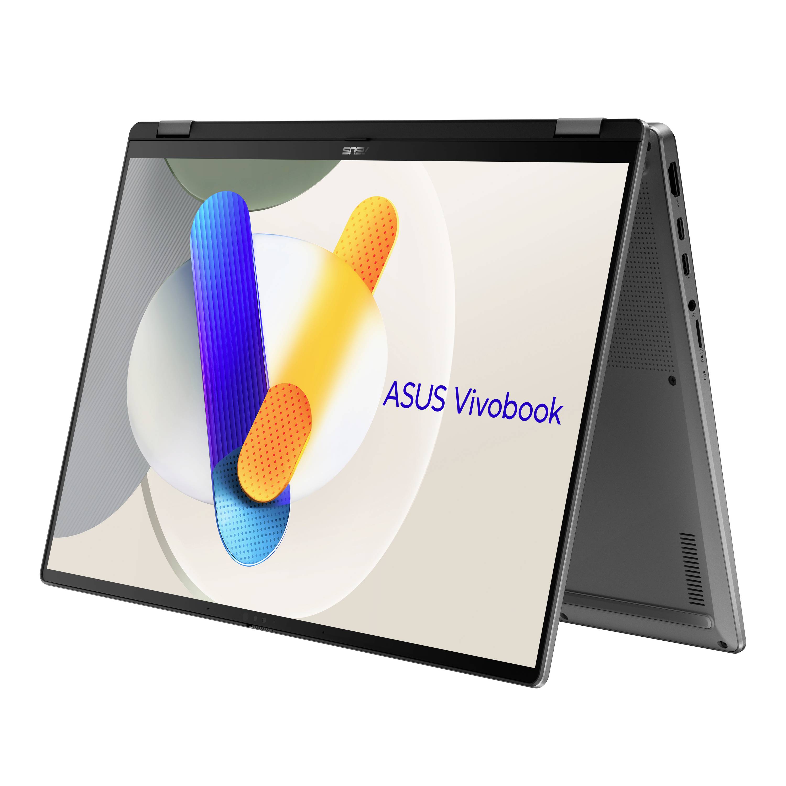 ASUS Vivobook Laptop im Zeltmodus mit einem farbenfrohen abstrakten Hintergrundbild auf dem Bildschirm.