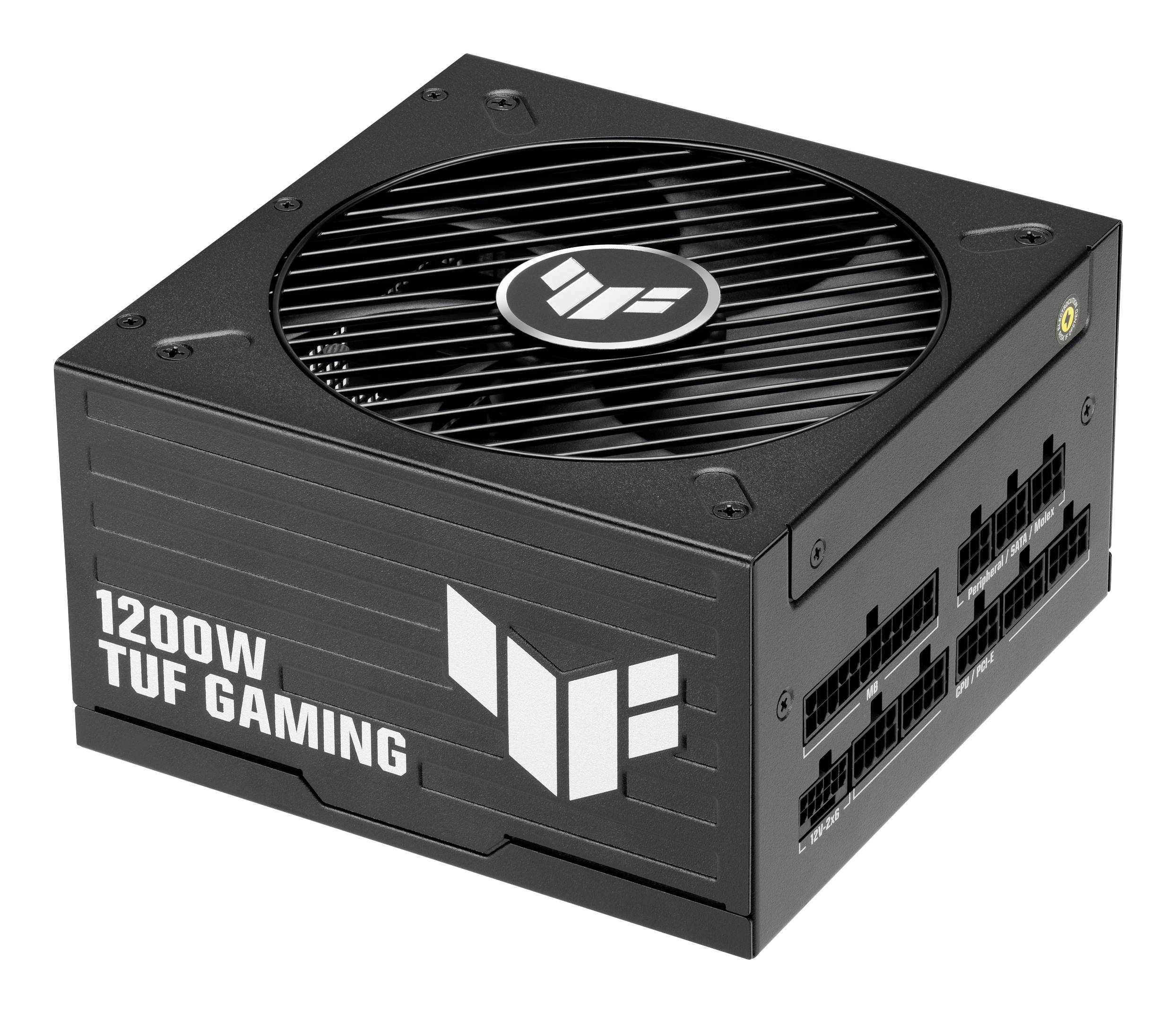 Schwarzes 1200W TUF Gaming PC-Netzteil mit Kühlventilator und modularen Kabelanschlüssen.
