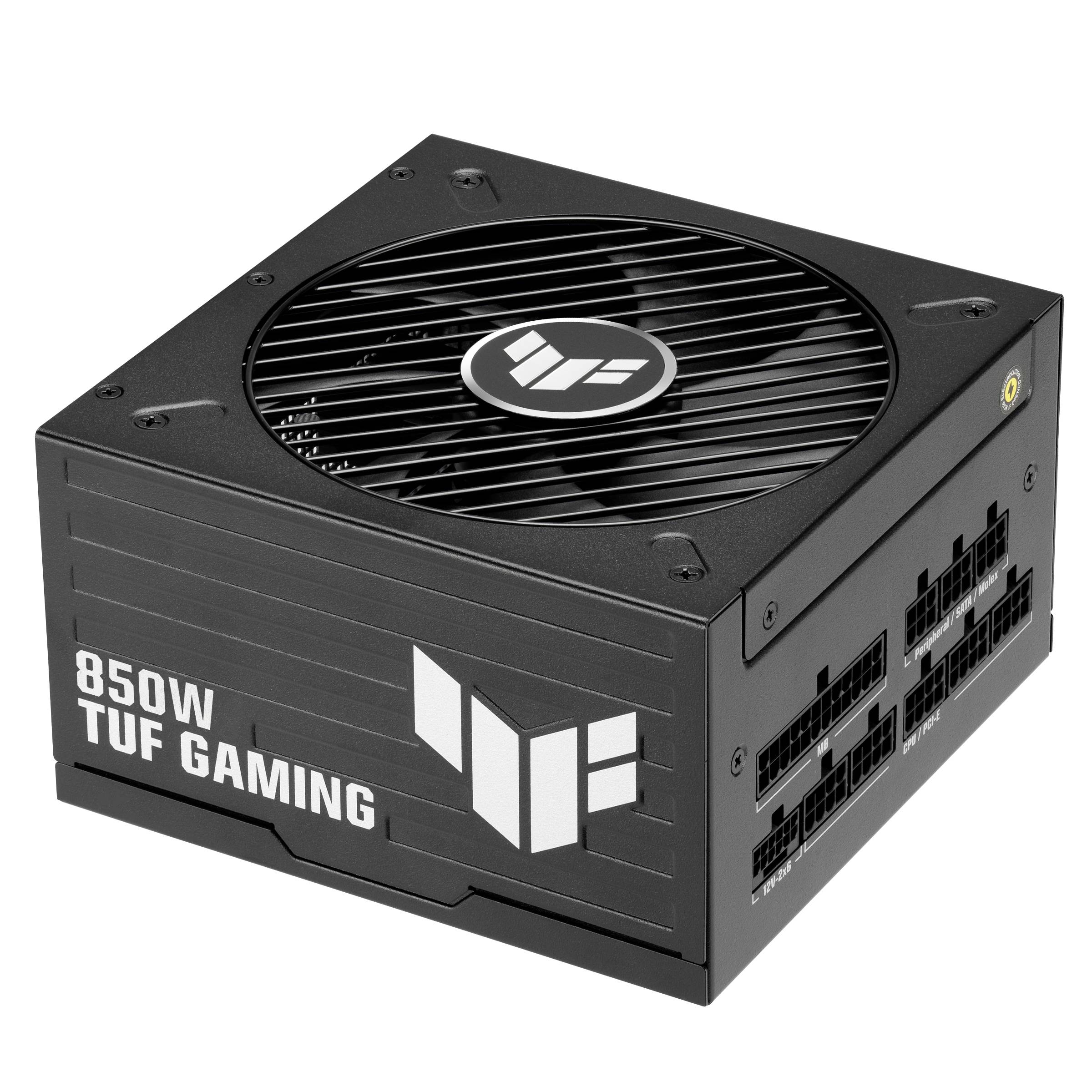 Schwarzes 850W TUF Gaming Netzteil mit Lüftergitter und modularen Kabelanschlüssen