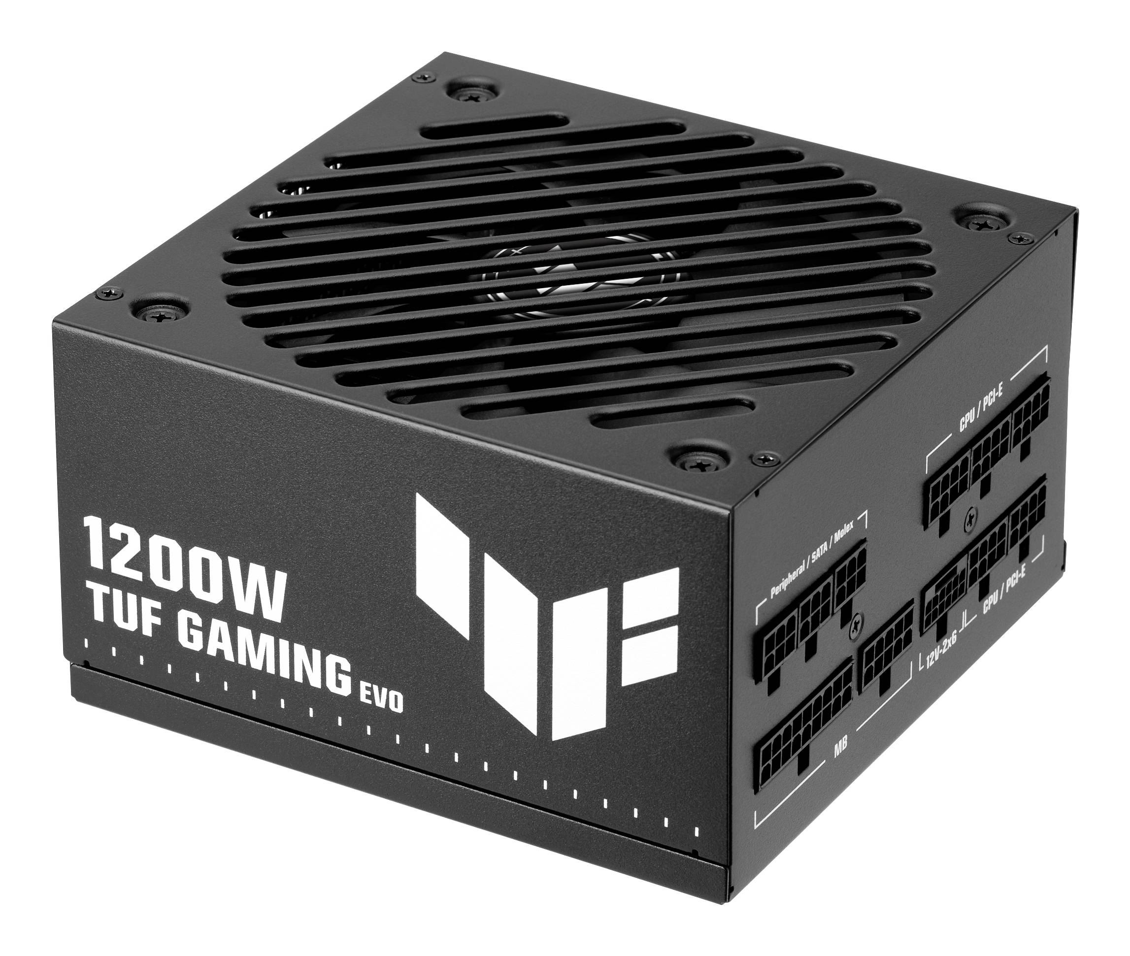 Schwarzes 1200W TUF Gaming EVO Netzteil mit belüftetem Deckel und modularen Kabelanschlüssen an der Seite