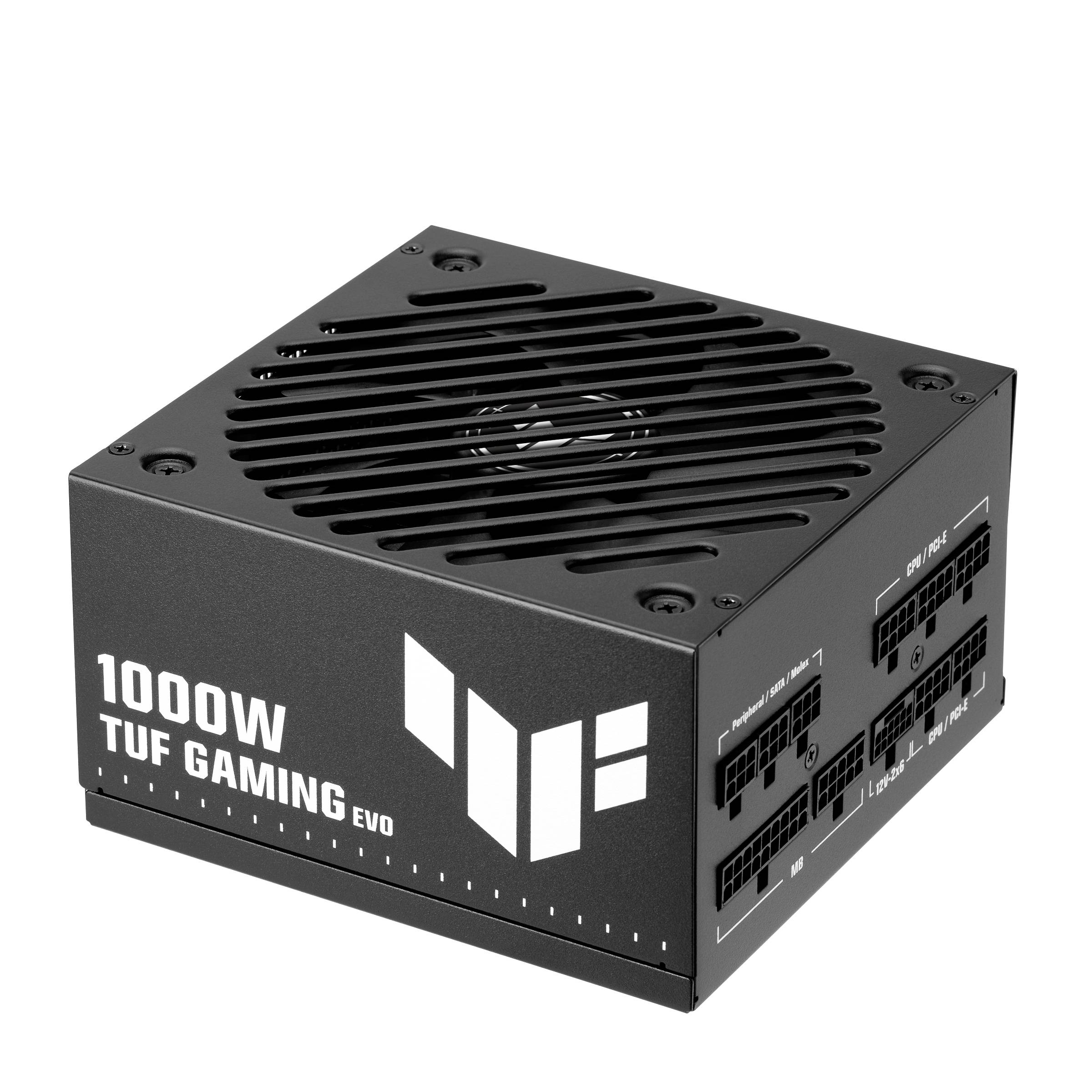 Schwarzes 1000W TUF Gaming EVO Computer-Netzteil mit Kühlerlüftergitter und modularen Kabelanschlüssen.