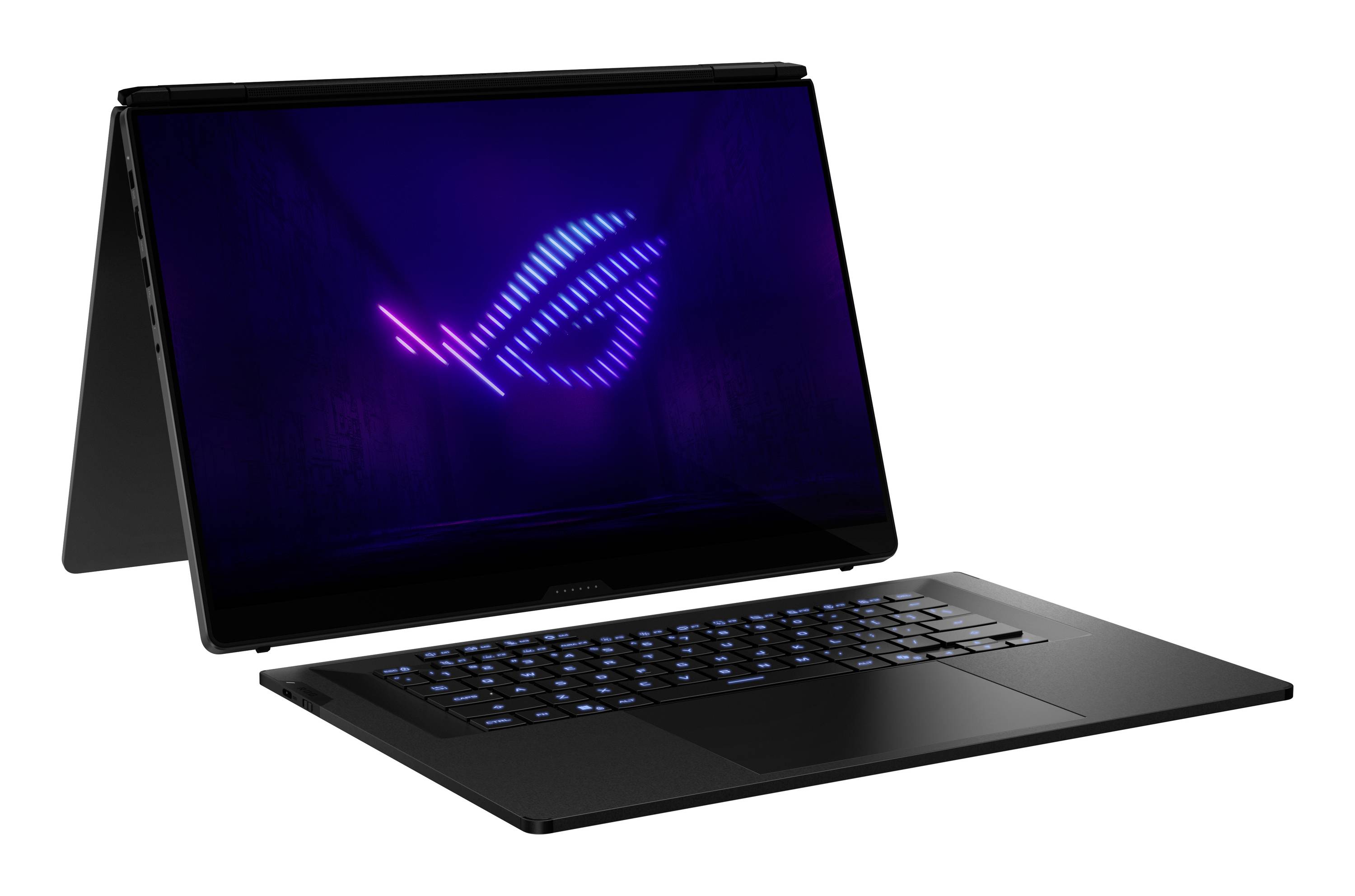Schwarzes ASUS ROG Laptop im Zeltmodus, wobei ein leuchtendes blau-violettes Republic of Gamers Logo auf dem Bildschirm und eine blau beleuchtete Tastatur sichtbar sind.
