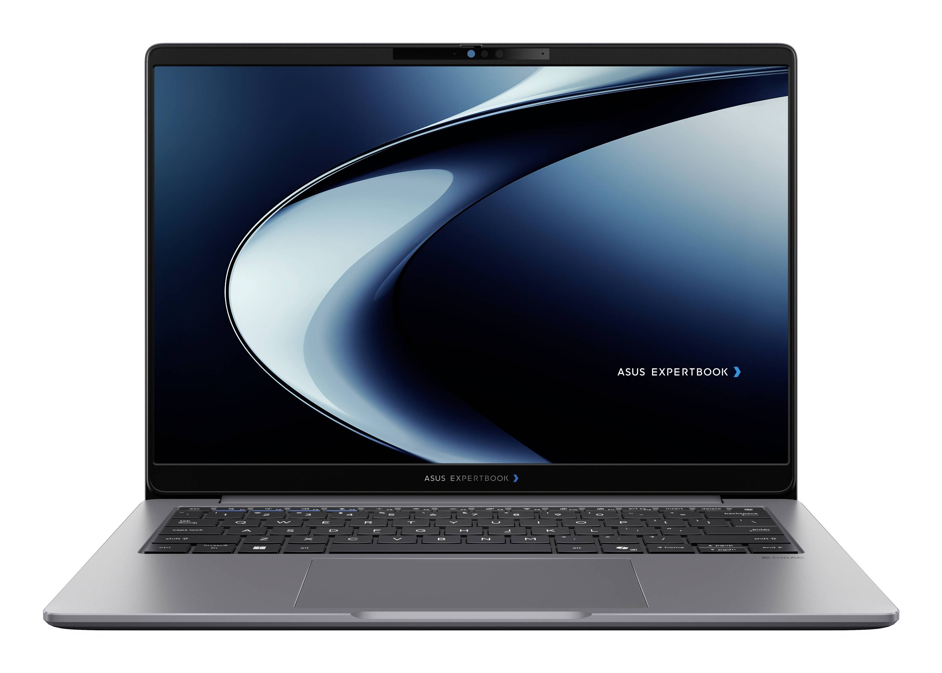 Frontansicht eines ASUS ExpertBook Laptops mit einem blauen abstrakten Hintergrundbild auf dem Bildschirm, aufgeklappt vor weißem Hintergrund dargestellt.