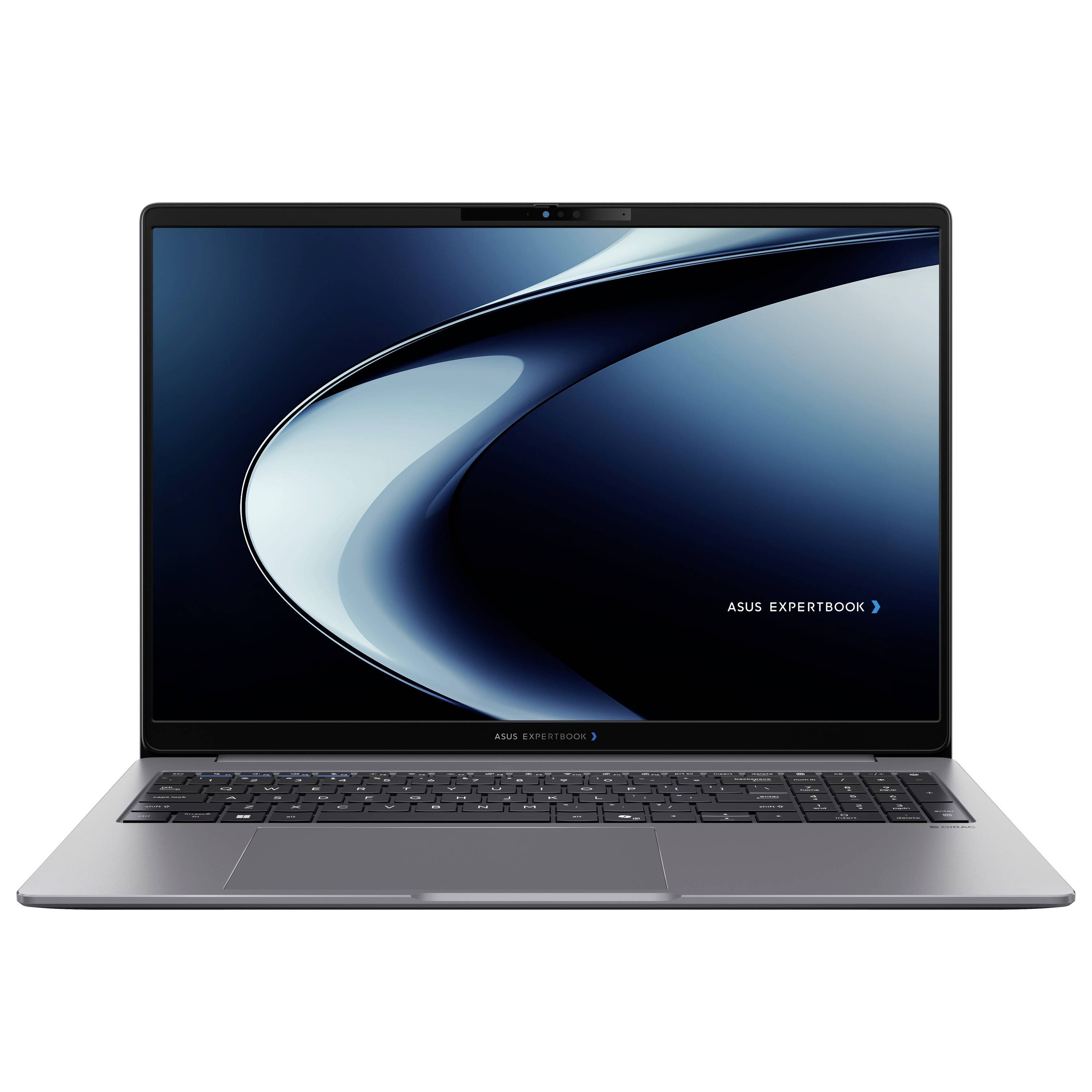 Silberner ASUS ExpertBook Laptop, der auf weißem Hintergrund geöffnet ist und eine blaue abstrakte Tapete auf dem Bildschirm zeigt.