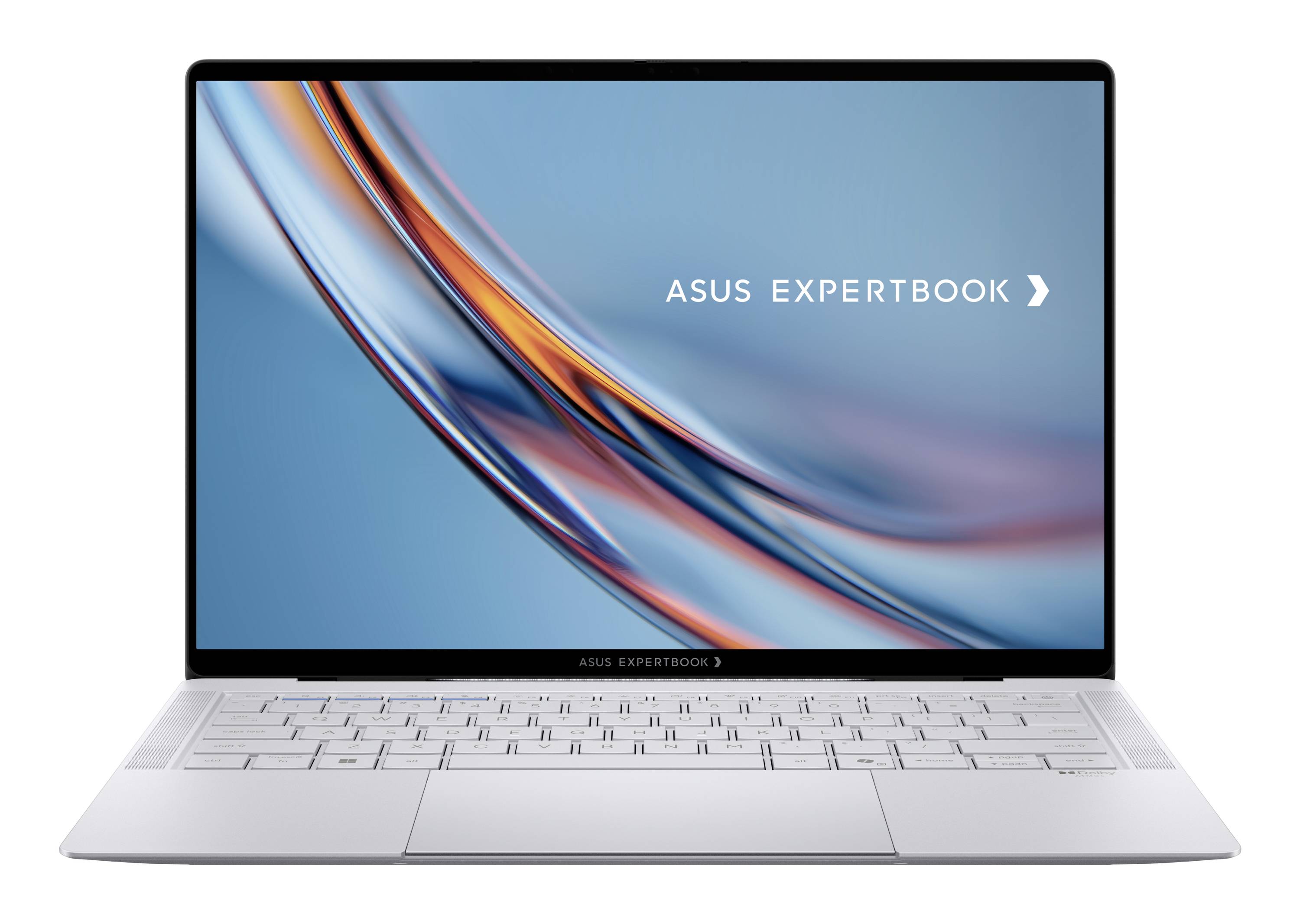 ASUS ExpertBook Laptop Vorderansicht auf weißem Hintergrund, zeigt den Bildschirm mit dem ASUS ExpertBook Logo und abstraktem blau-orange Hintergrundbild.