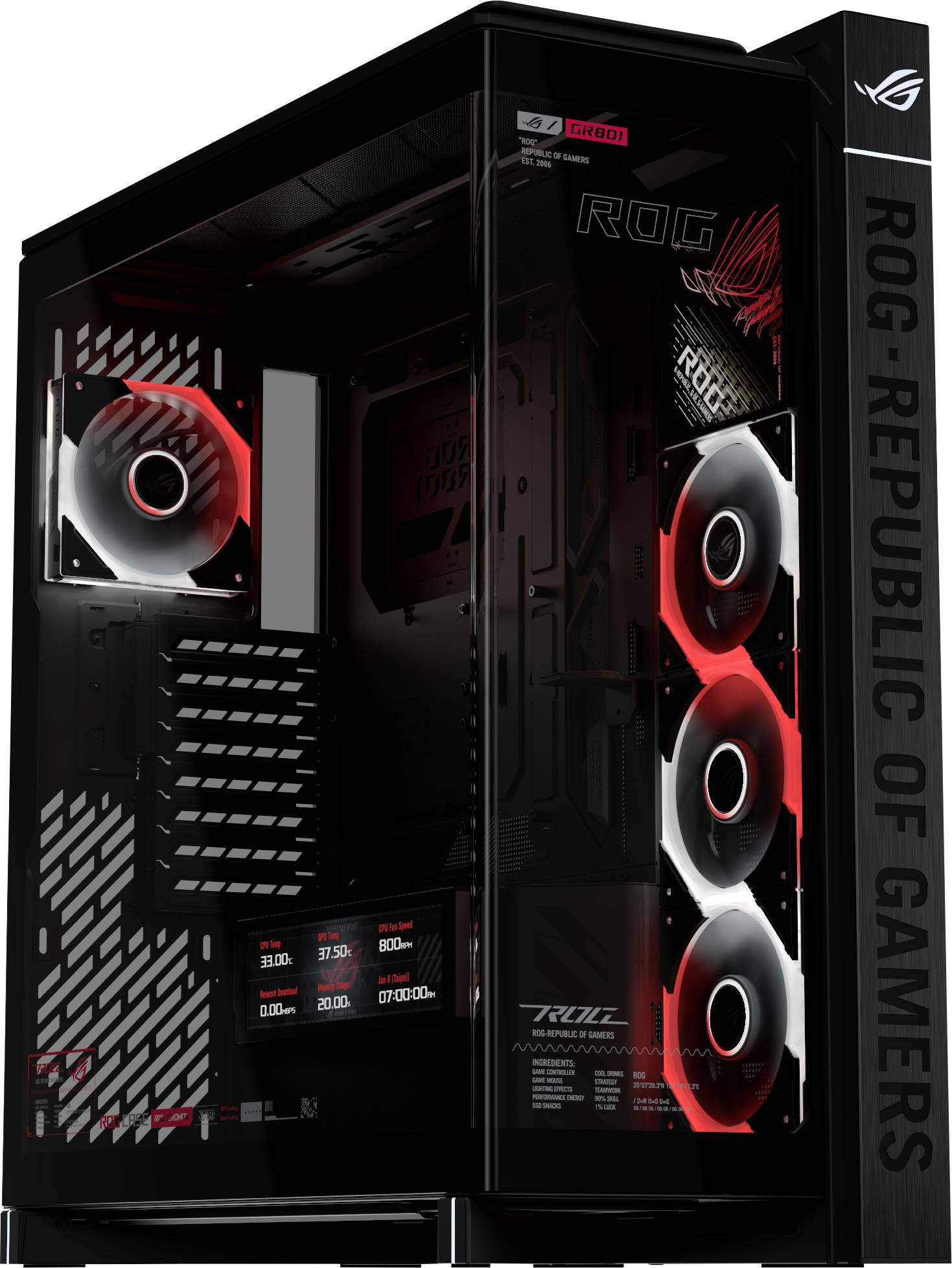 Schwarzer ASUS ROG Gaming-PC-Turm mit gehärtetem Glaspanelen, rot beleuchteten internen Lüftern und „ROG Republic of Gamers