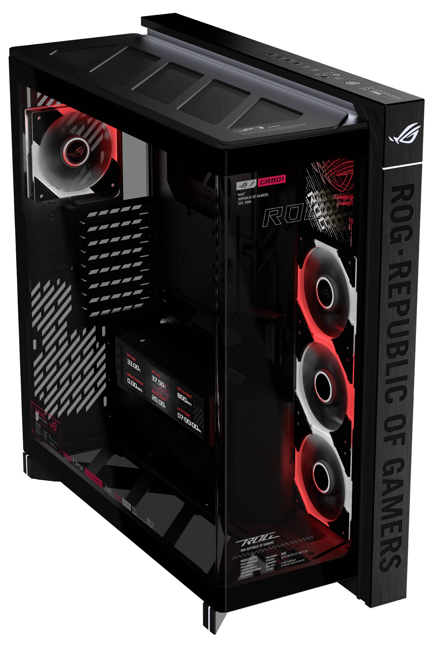 Schwarzes ASUS ROG Gaming-PC-Gehäuse mit transparentem Seitenpanel, drei rot beleuchteten vorderen Lüftern und „ROG REPUBLIC OF GAMERS