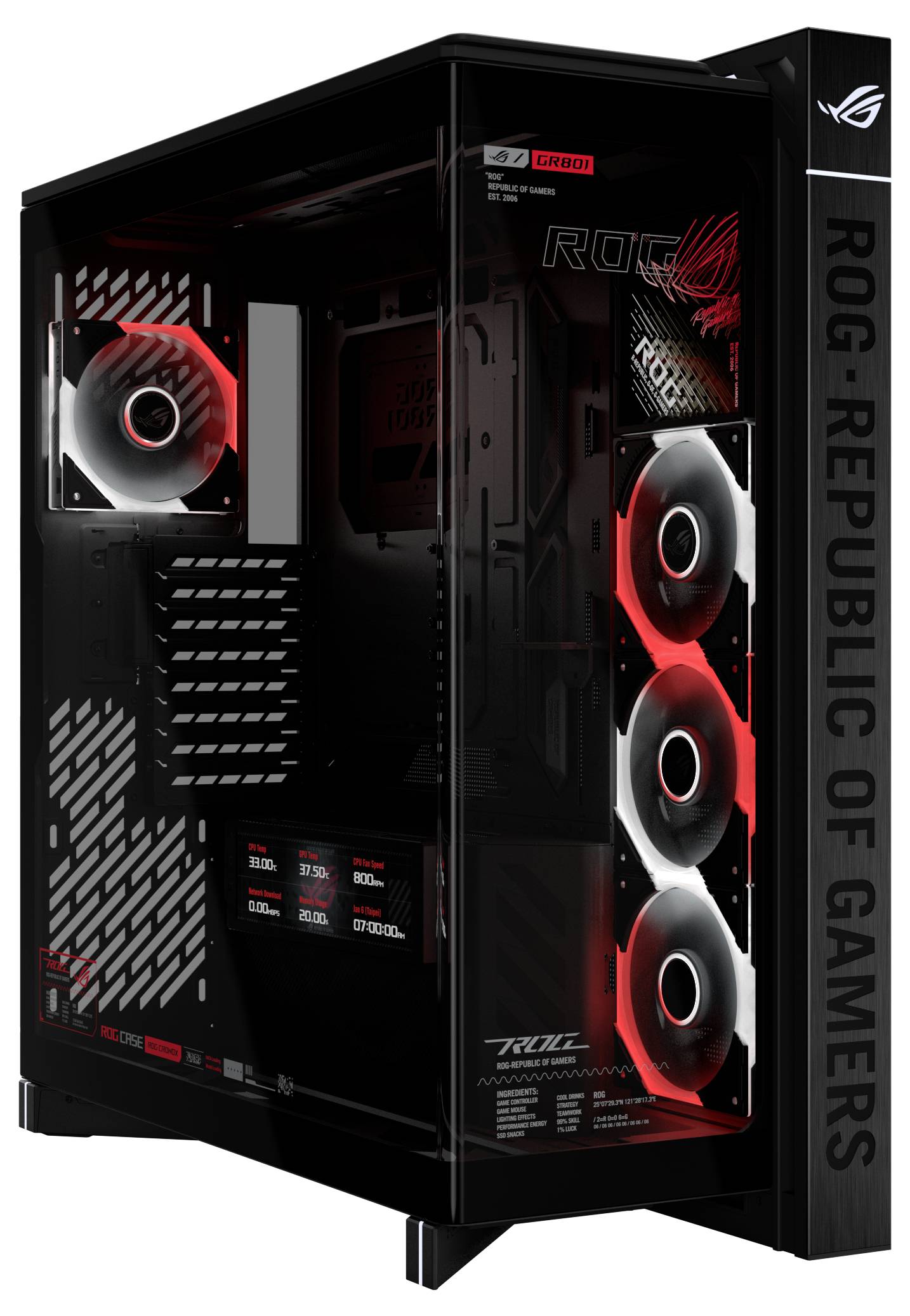 Schwarzer ASUS ROG Gaming-PC-Tower mit gehärteten Glaspanelen, rot beleuchteten Lüftern und ROG Republic of Gamers-Branding.