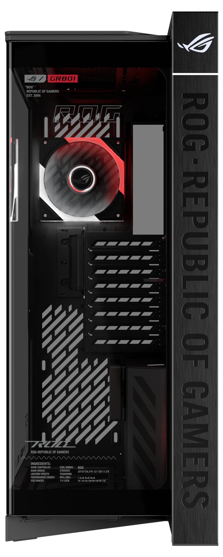 Vorderansicht eines schwarzen ROG-Gaming-PC-Gehäuses mit rot beleuchteten Lüftern, seitlichem Glaspanel und der Markenbezeichnung „ROG REPUBLIC OF GAMERS