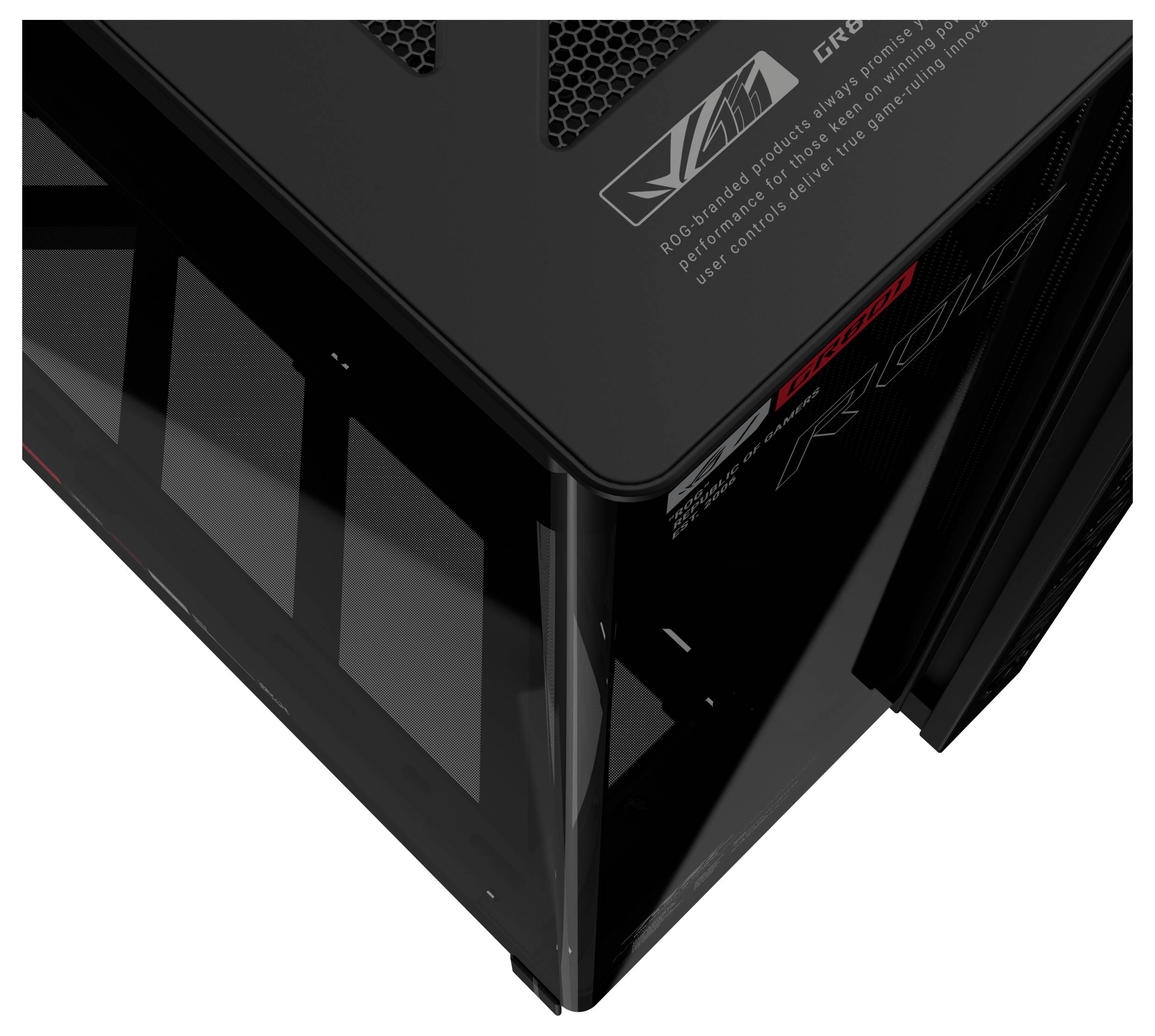 Nahaufnahme eines schwarzen Gaming-Desktop-PC-Gehäuses mit eckigen Panels und belüftetem Deckel, das rote leuchtende 