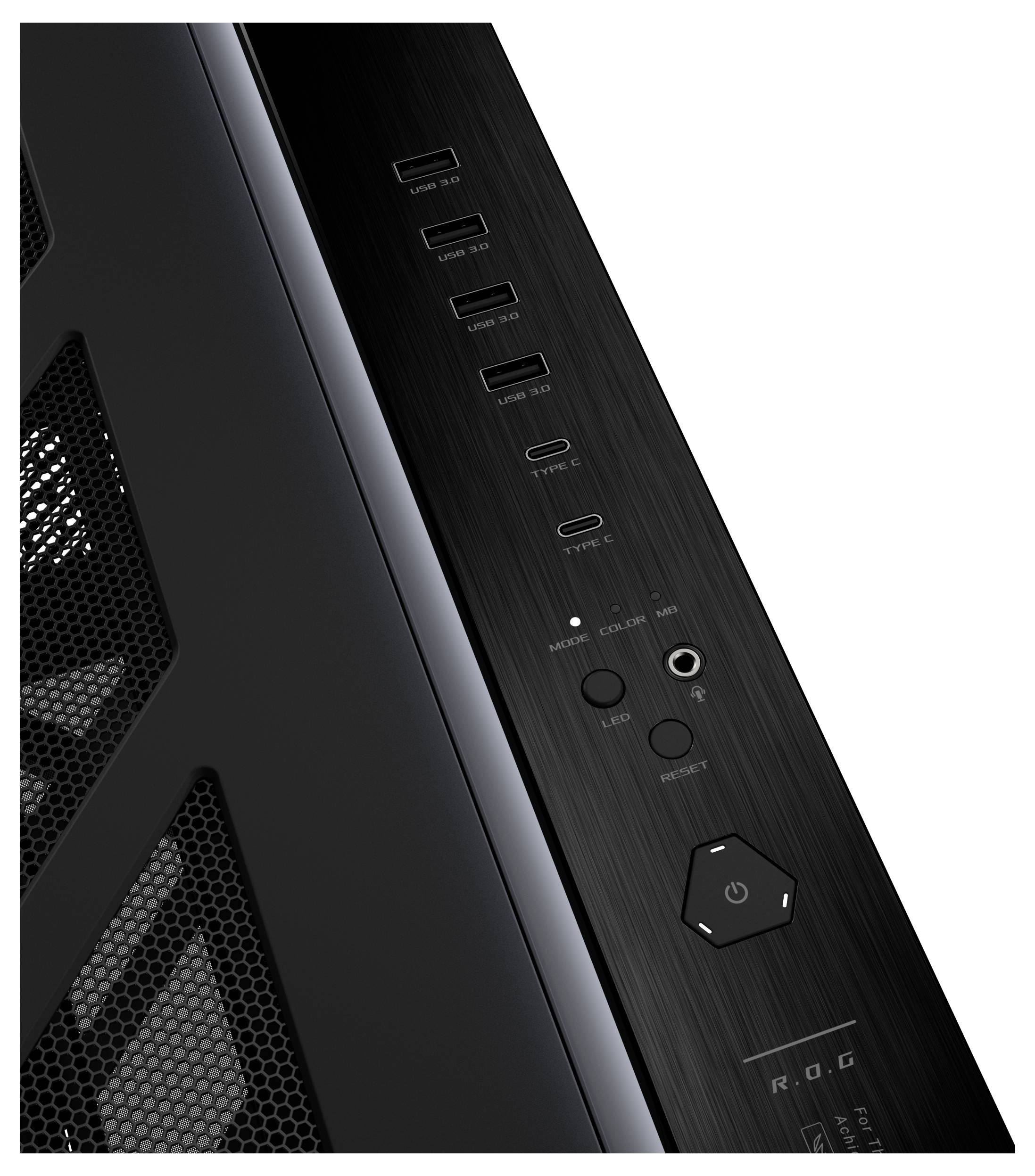 Nahaufnahme einer schwarzen Computergehäuse-Frontplatte mit USB-Anschlüssen, Audiobuchsen, Ein-/Ausschalter und ROG-Branding.