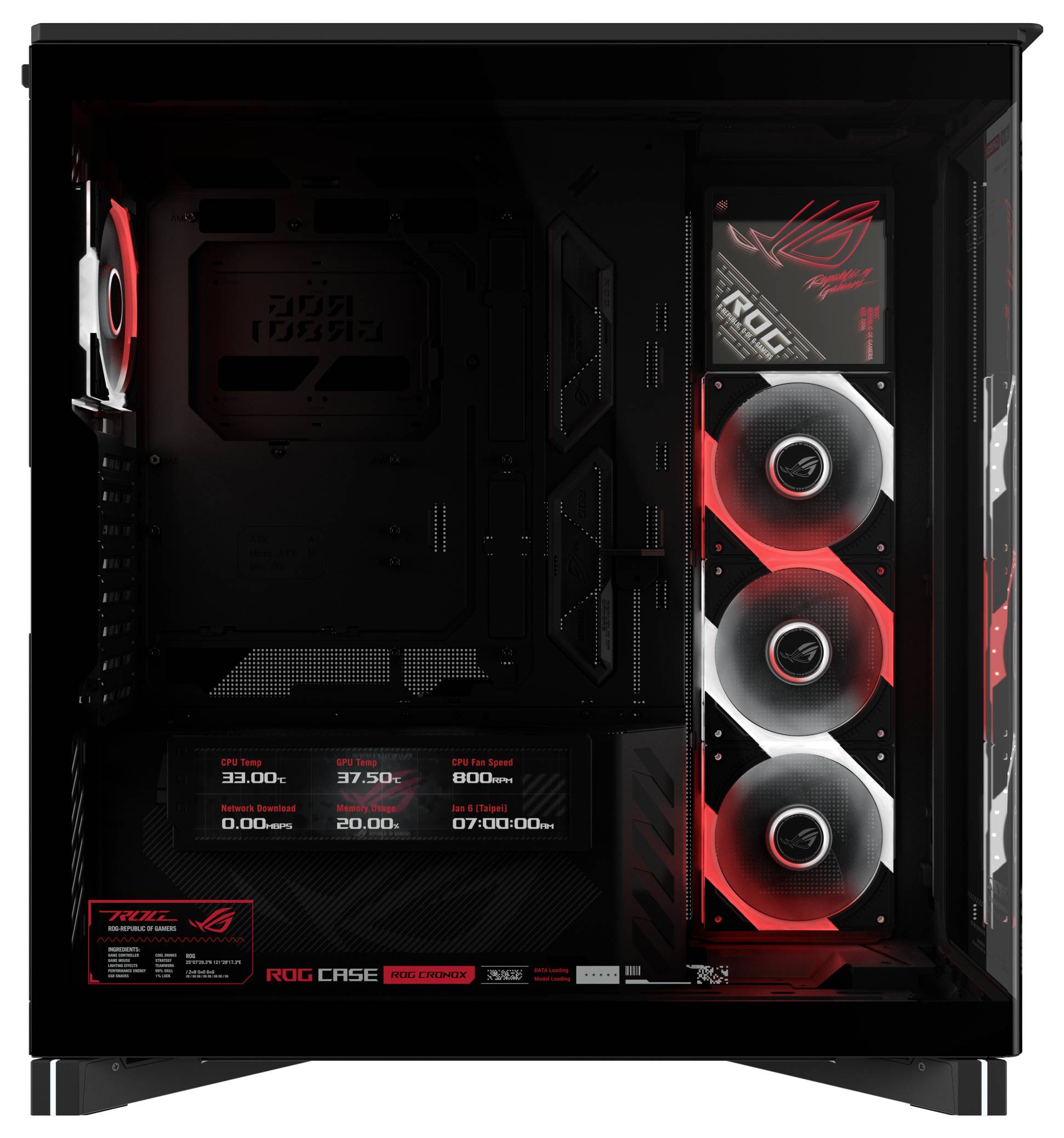 Offenes PC-Gehäuse mit einem schwarzen und roten ASUS ROG Gaming-Desktop mit drei vorderen RGB-Lüftern und Motherboard-Branding im Inneren.