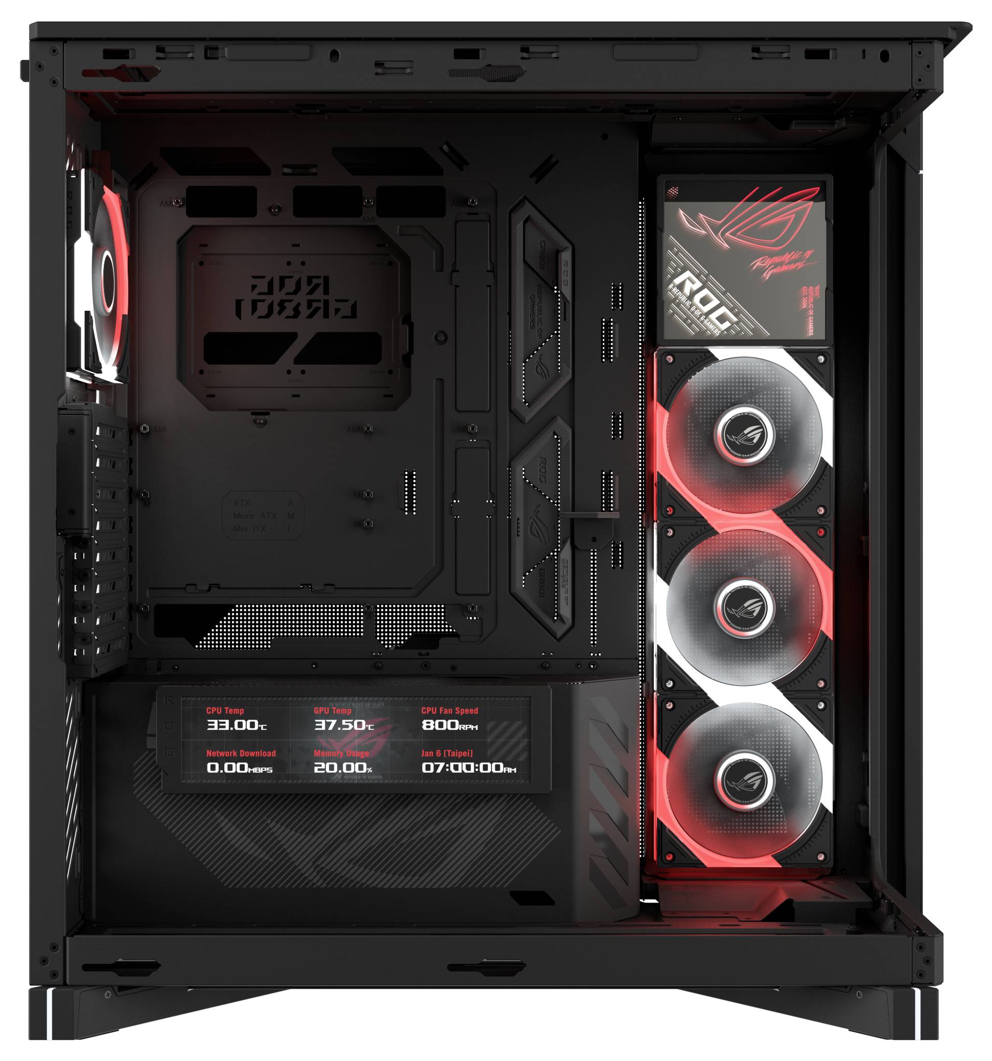 Vorderansicht eines schwarzen Gaming-PC-Gehäuses mit drei rot beleuchteten Frontlüftern, einem Hecklüfter und einer ROG-Logo-Blende.