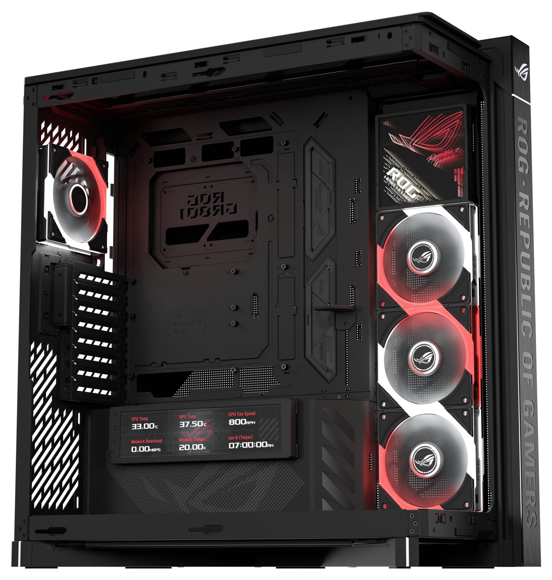 Schwarzes Gaming-PC-Gehäuse-Inneres mit roten RGB-Lüftern, ROG-Branding und einem digitalen Display, das Systemstatistiken anzeigt.