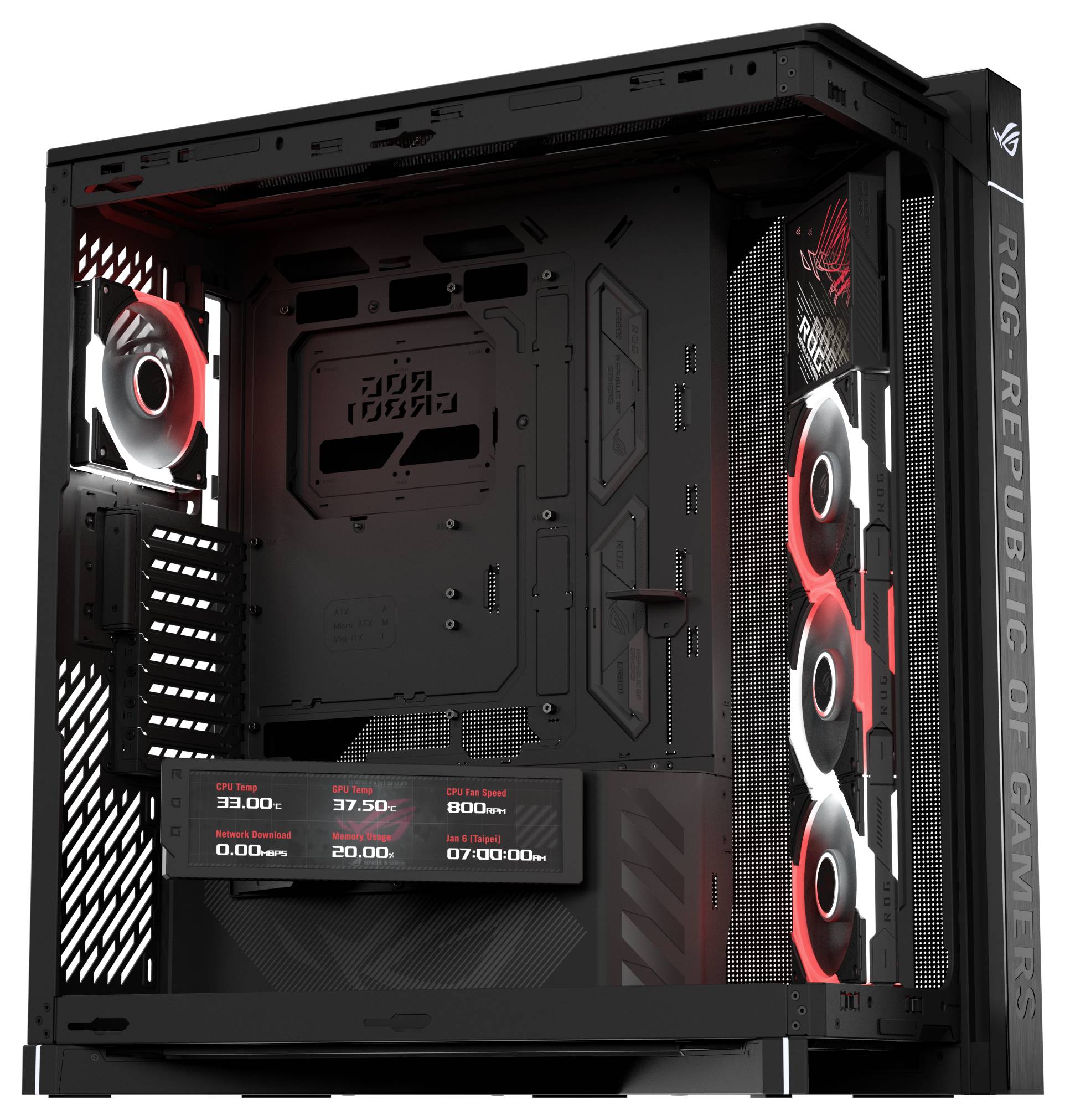Inneres eines schwarzen ASUS ROG Gaming-PC-Gehäuses mit rot beleuchteten Lüftern, das das Gehäusedesign und das Kühlungslayout zeigt.
