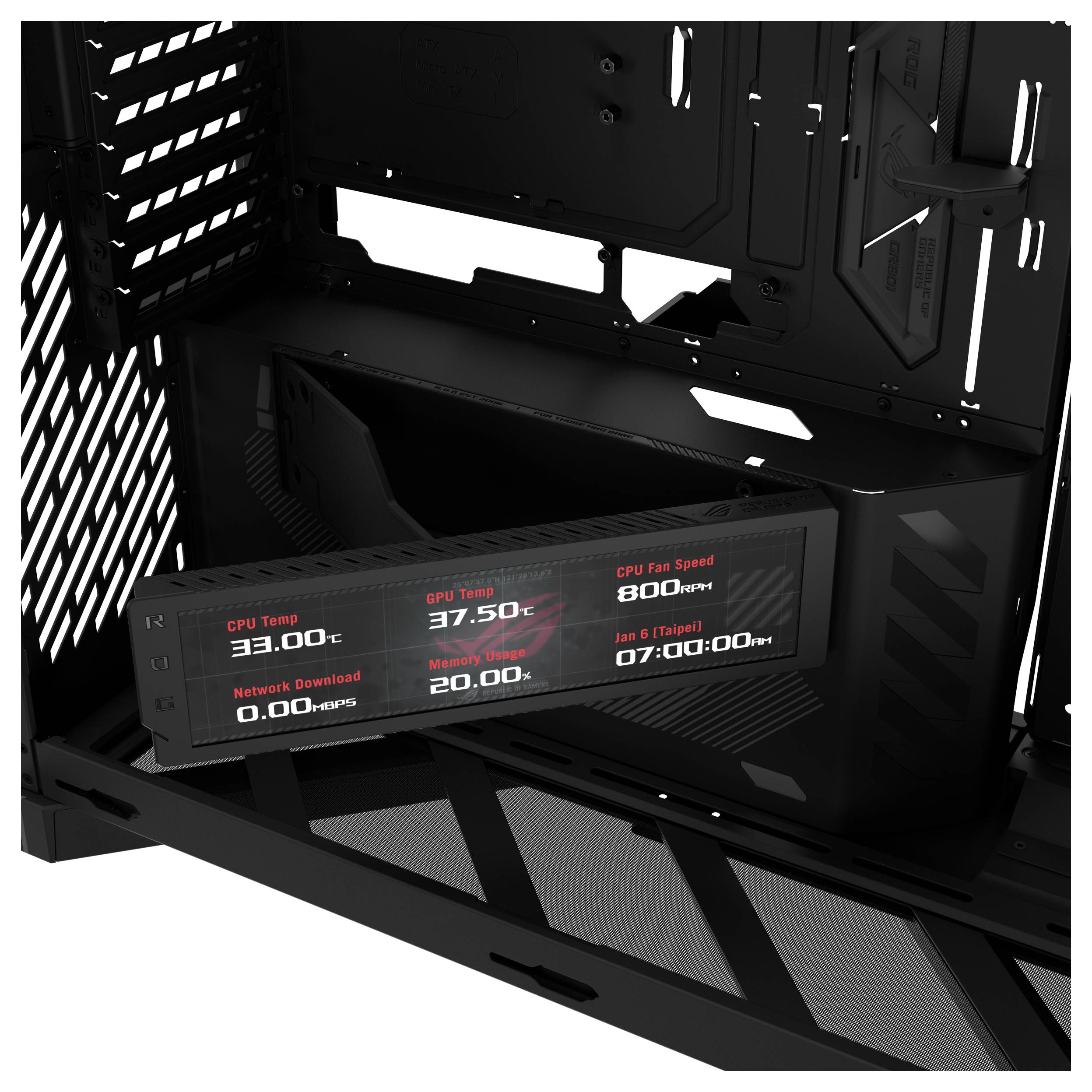 Interner PC-Gehäuse mit Display, das Systemstatistiken anzeigt: CPU-Temperatur 33,00°C, GPU-Temperatur 37,50°C, Netzwerk-Download 0,00 Kbps, Lüfterdrehzahl 800 U/min, Zeit 07:00:00.