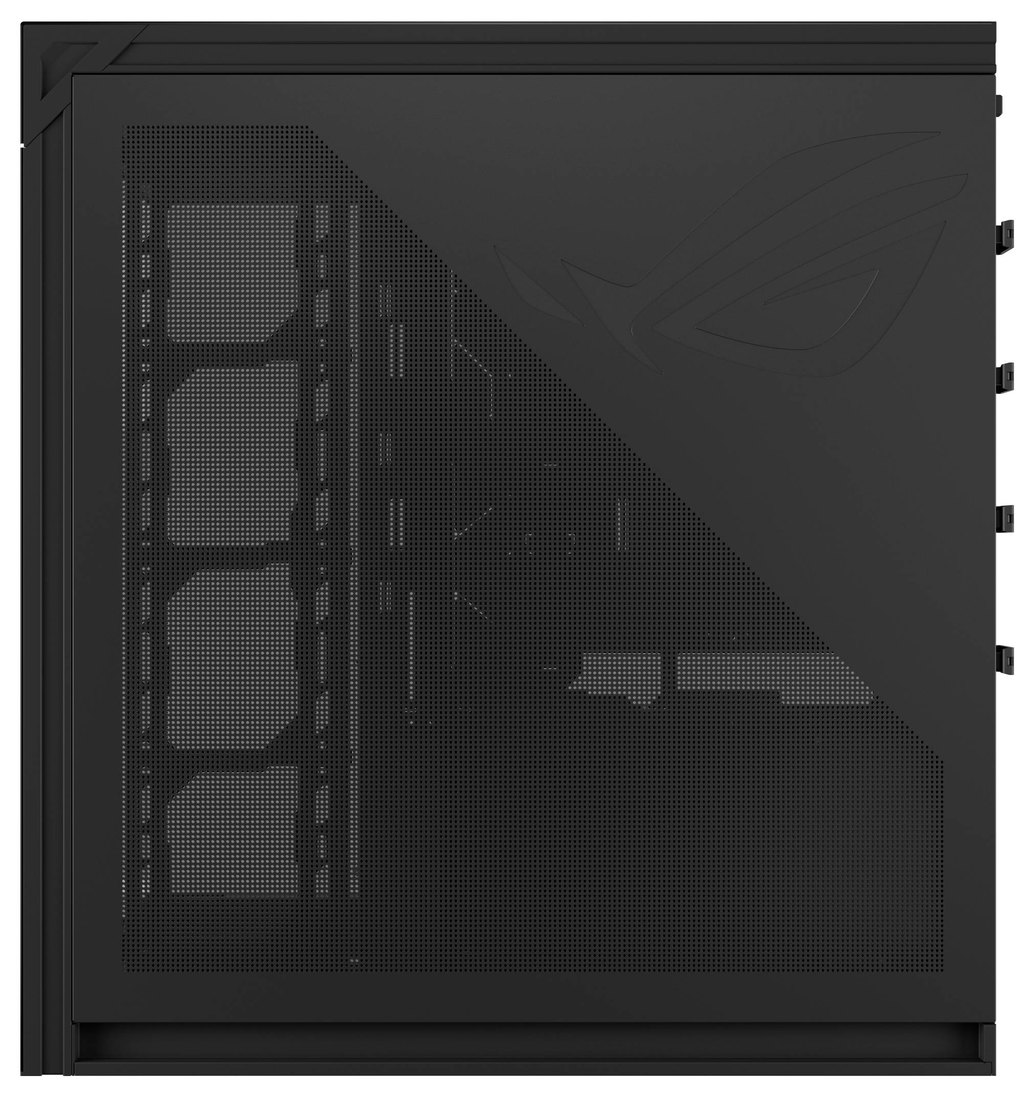 Schwarzes Computerturmgehäuse mit Seitenpaneel aus Mesh, das den internen Lüfter und die Komponentenhalterungen dahinter zeigt.