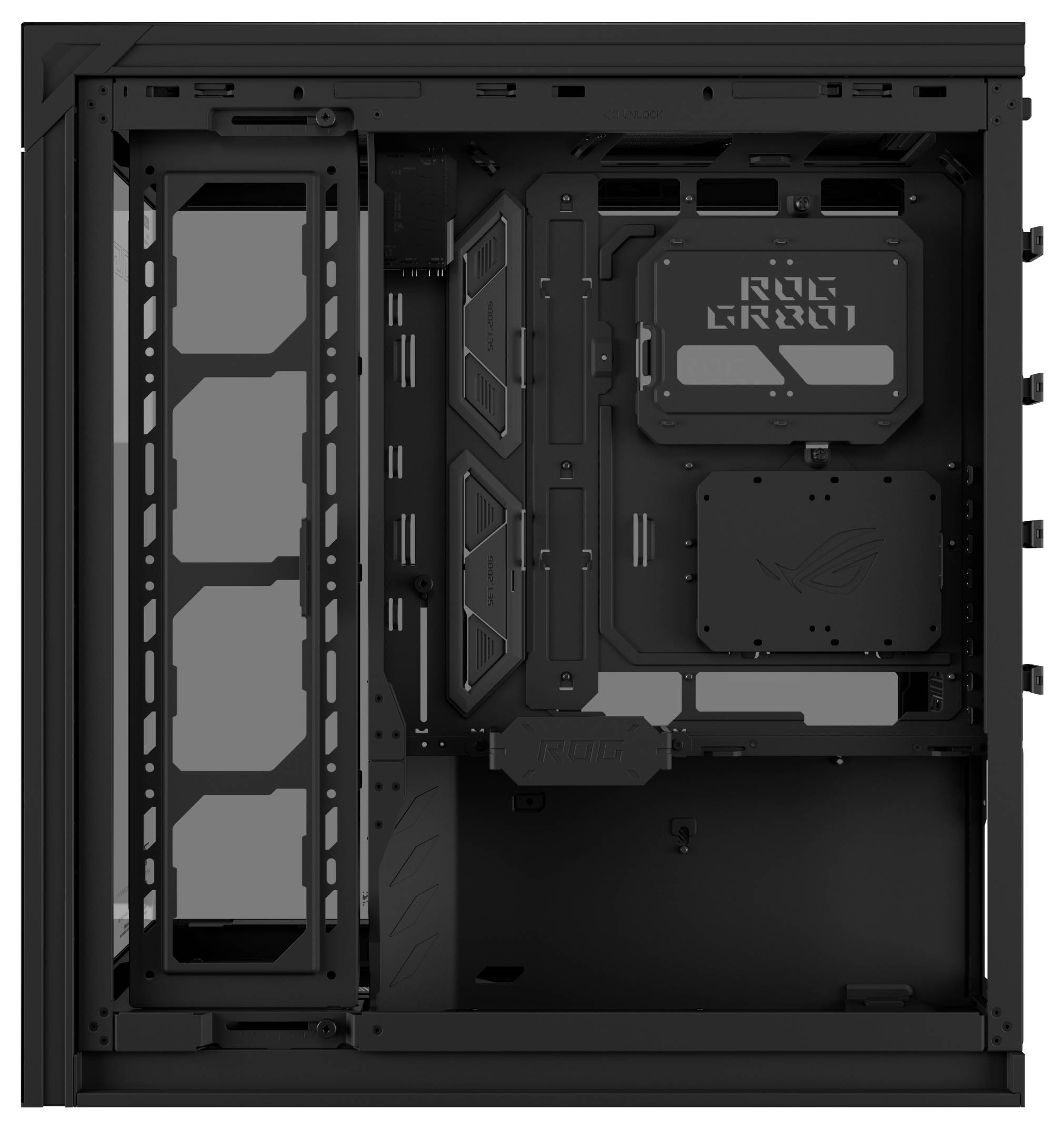 Vorderansicht des Inneren eines schwarzen PC-Gehäuses mit Motherboard-Träger, Netzteil-Verkleidung und Laufwerkschächten ohne installierte Komponenten.