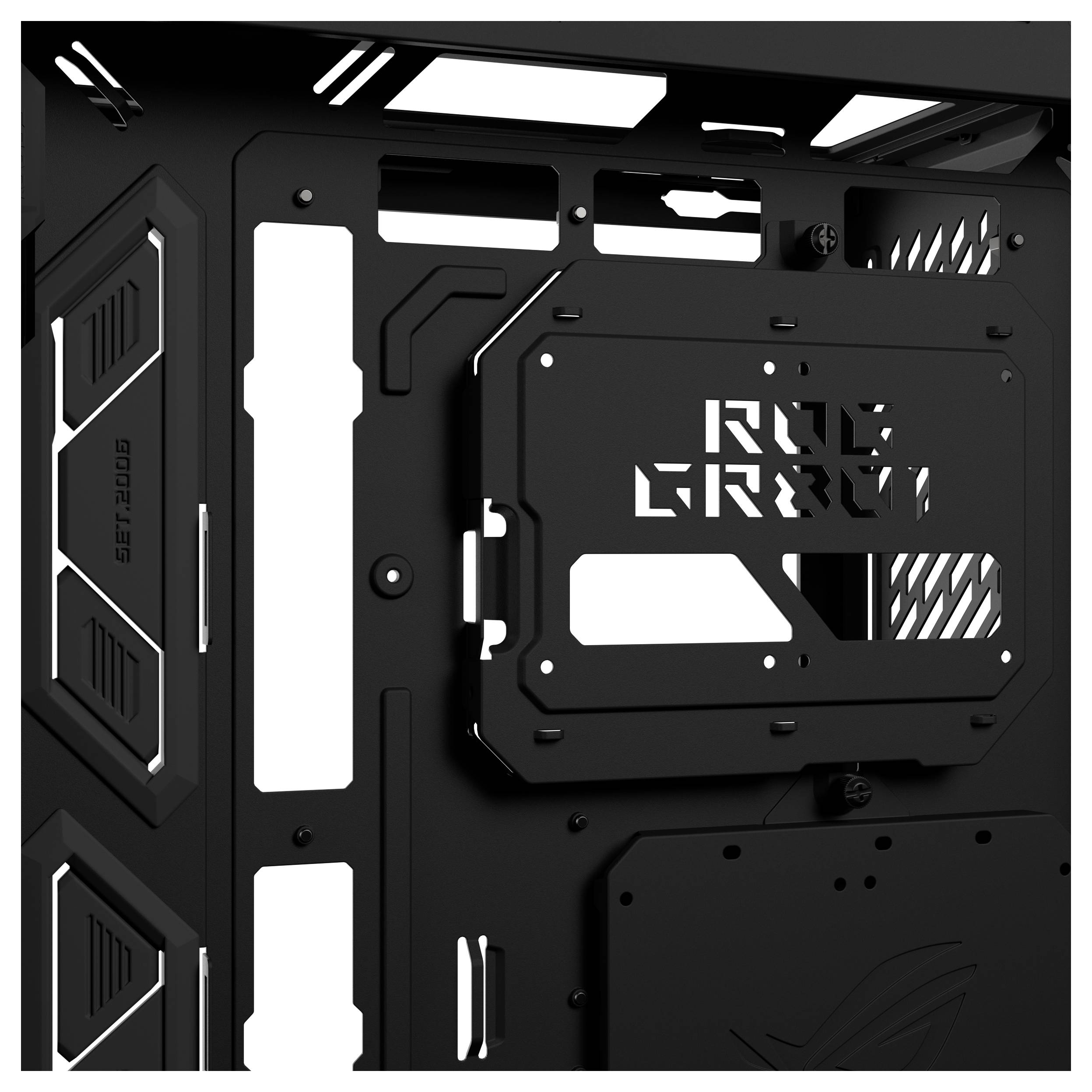 Schwarzes PC-Gehäuse-Inneres mit weißen Akzentausschnitten und geometrischen Paneelen, zeigt einen Fensterbereich mit Markenbranding und Lüftungsdetails